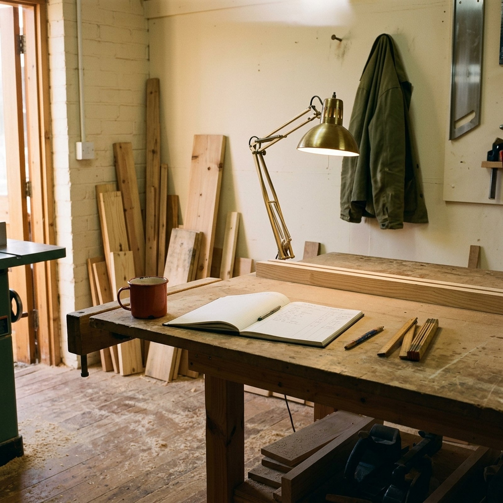 Un atelier de menuiserie en fin de journée, un carnet de commandes posé sur l'établi à côté d'une tasse et d'un mètre pliant