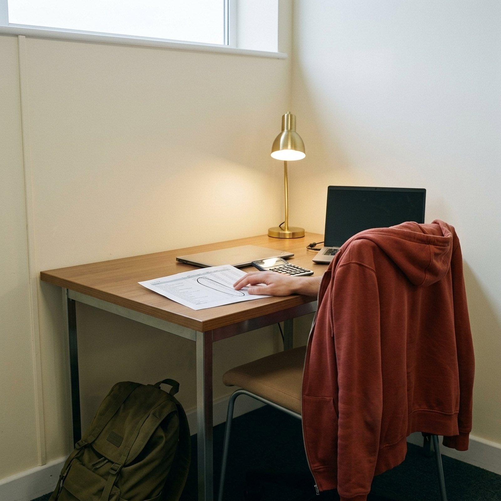 Une table de cuisine tard le soir, un relevé de compte annoté au stylo rouge posé à côté d'un mug vide et d'un ordinateur portable refermé