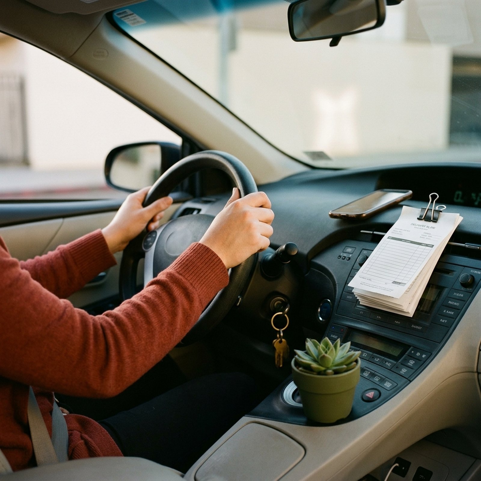 A driver's hands on the wheel of a parked car at dusk, with a phone face down on the dashboard