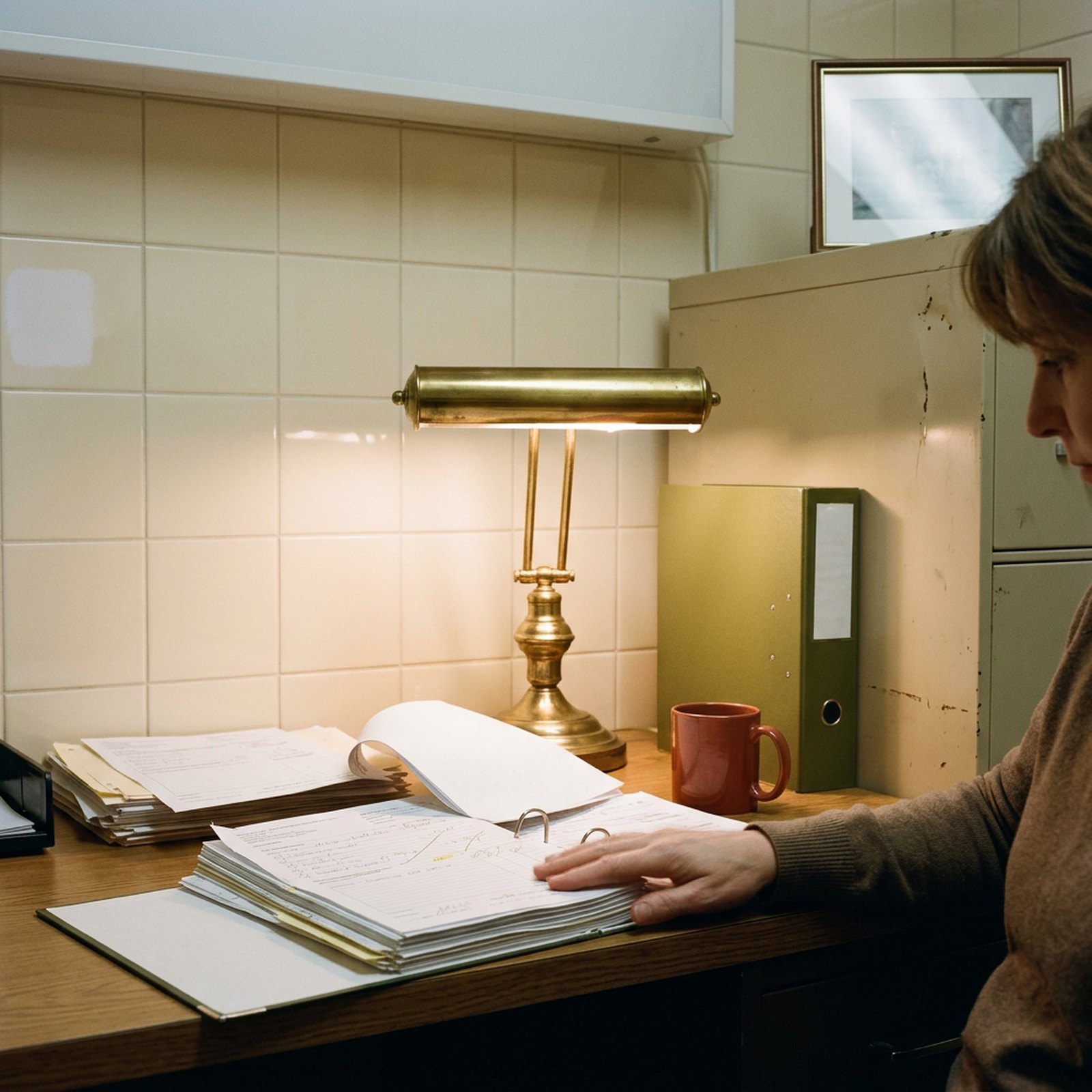 Un escritorio a última hora de la noche iluminado por una lámpara de latón, con una pila de documentos administrativos anotados a lápiz junto a una taza rojo ladrillo ya fría