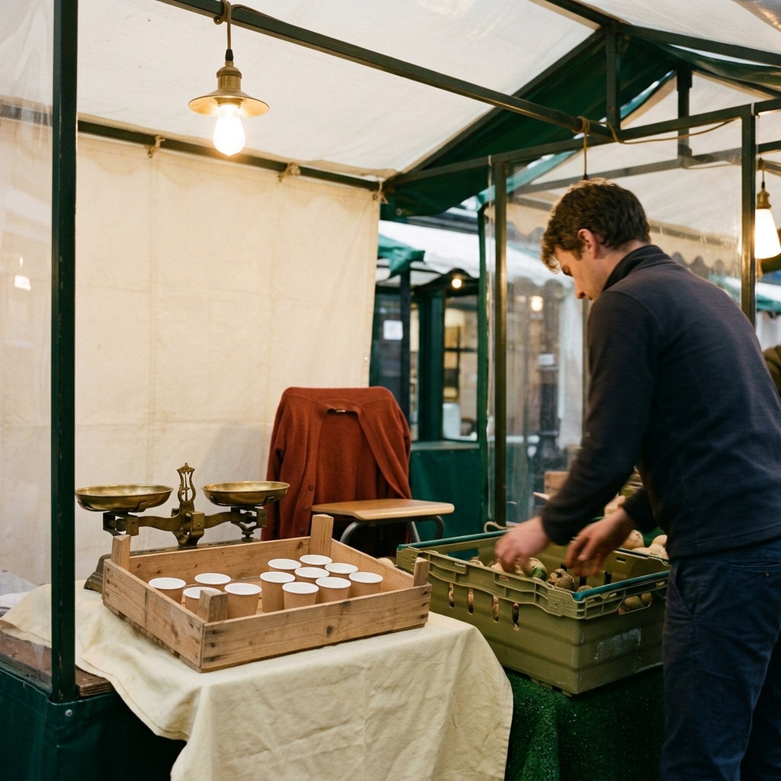 Un comptoir de marché le matin, une caissette d'échantillons offerts posée devant la balance, un cardigan rouge brique sur le tabouret