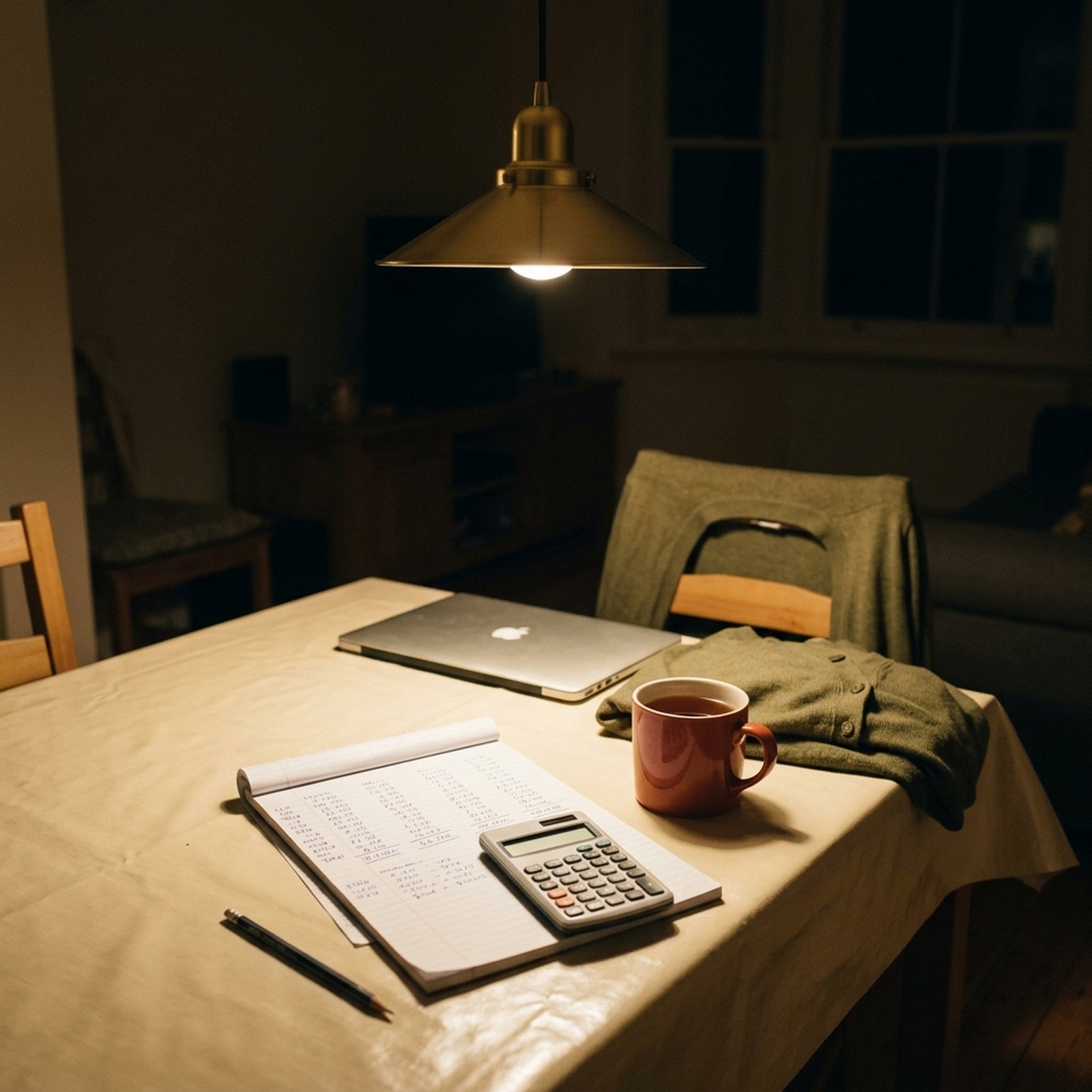 Une table de cuisine en fin de soirée, un carnet à spirale couvert de calculs de budget à côté d'un mug rouge brique et d'un ordinateur portable fermé
