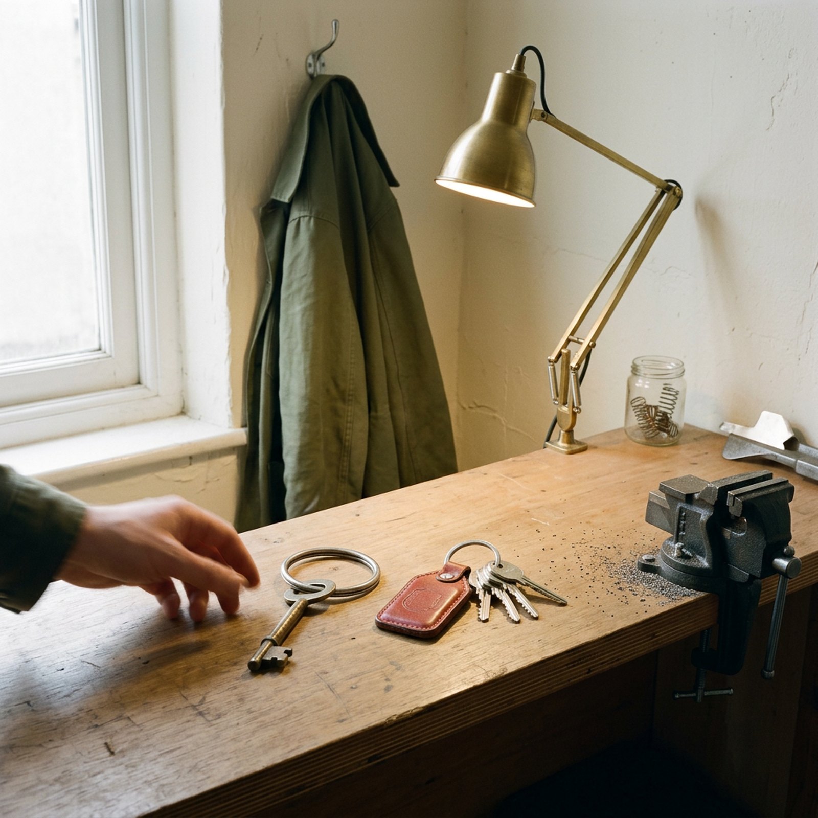 Two sets of keys side by side on a wooden counter near a green plant in morning light