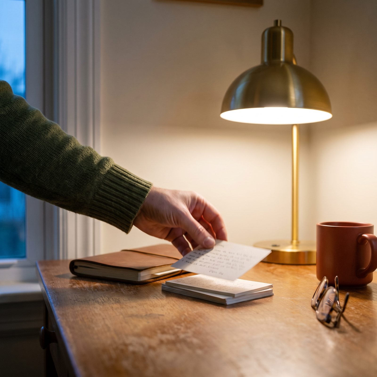 Une main pose délicatement une fiche manuscrite sur une pile de fiches déjà approuvées, sous une lampe en laiton, geste calme d'acceptation