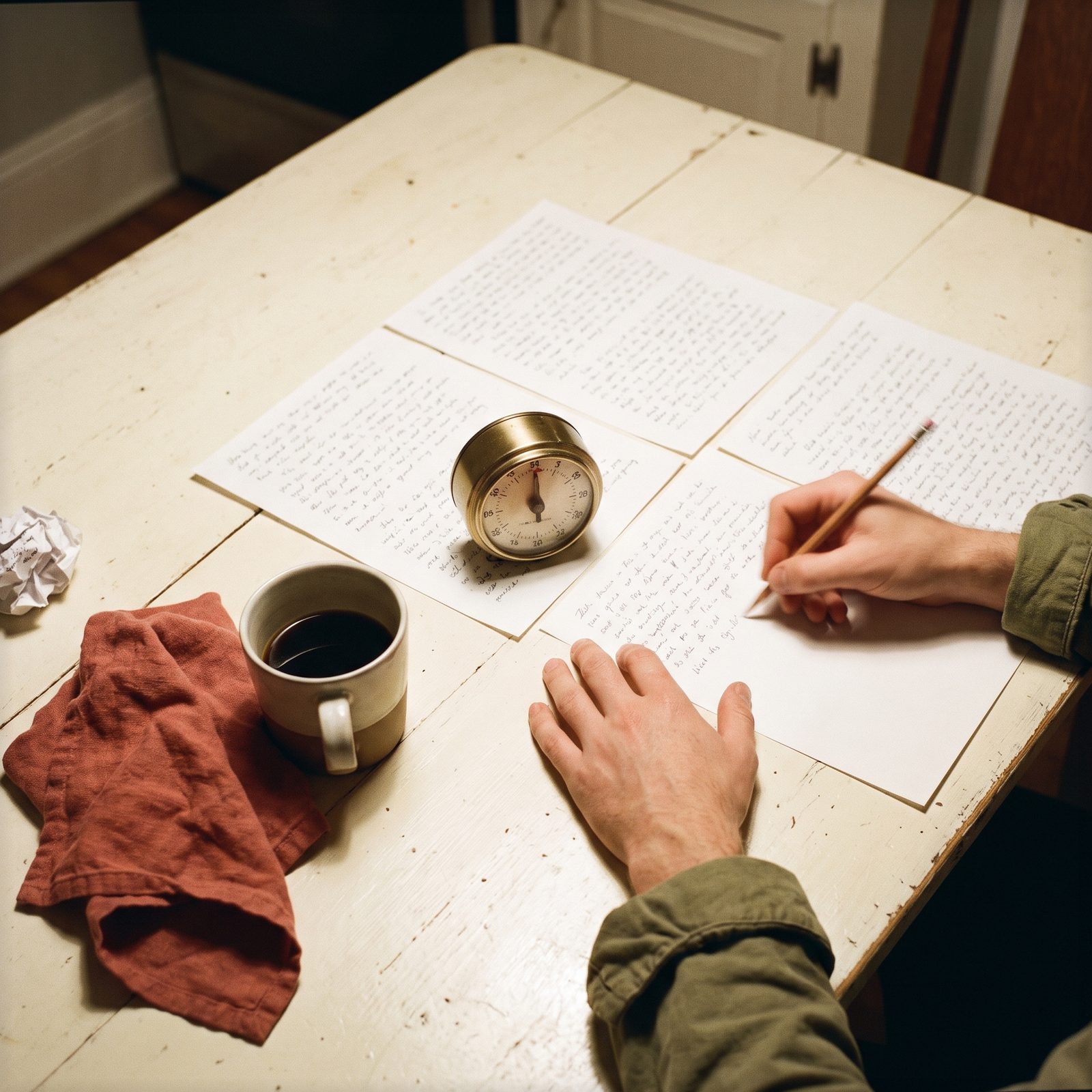A kitchen timer among four handwritten pages on a table: a requirements document in one timed hour