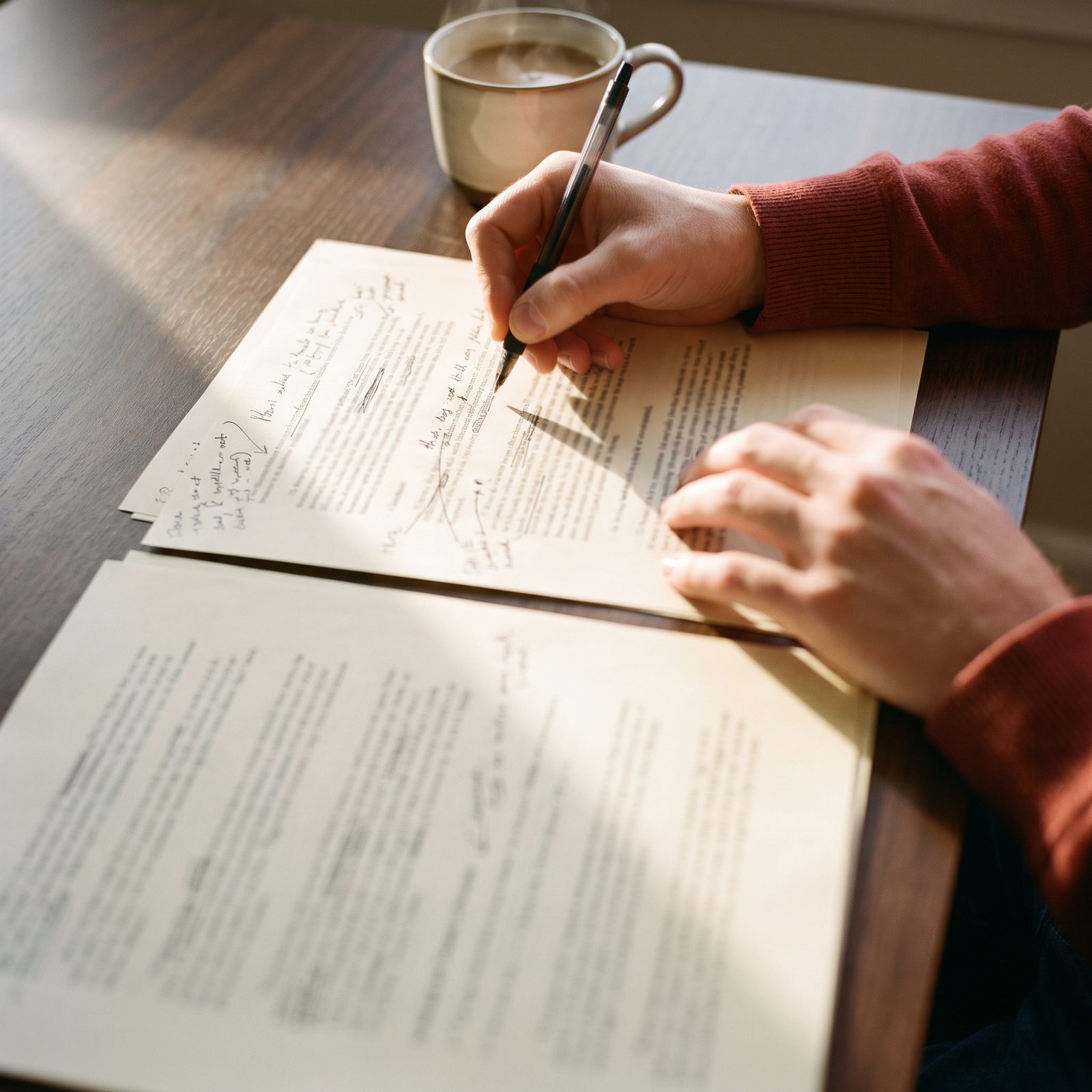 Des mains annotent au stylo des pages imprimées étalées sur un bureau, dans la lumière du matin