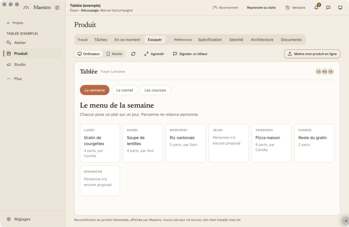 Ejemplo Tablée de Maestro: vista previa del menú semanal en la pestaña Probar, con recetas y lista de la compra. La interfaz está en francés.