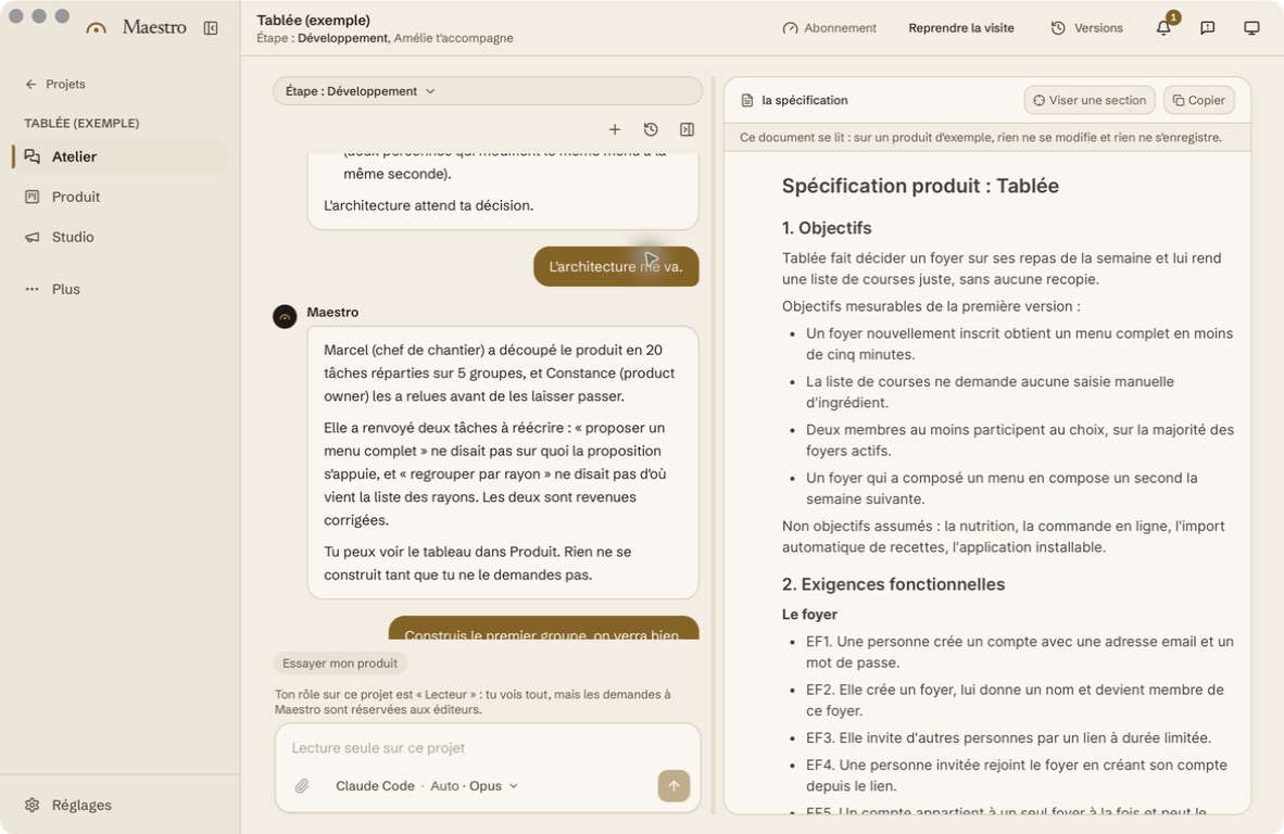 Maestro's Tablée example: conversation on the left and product specification on the right, with goals and functional requirements. The interface is in French.