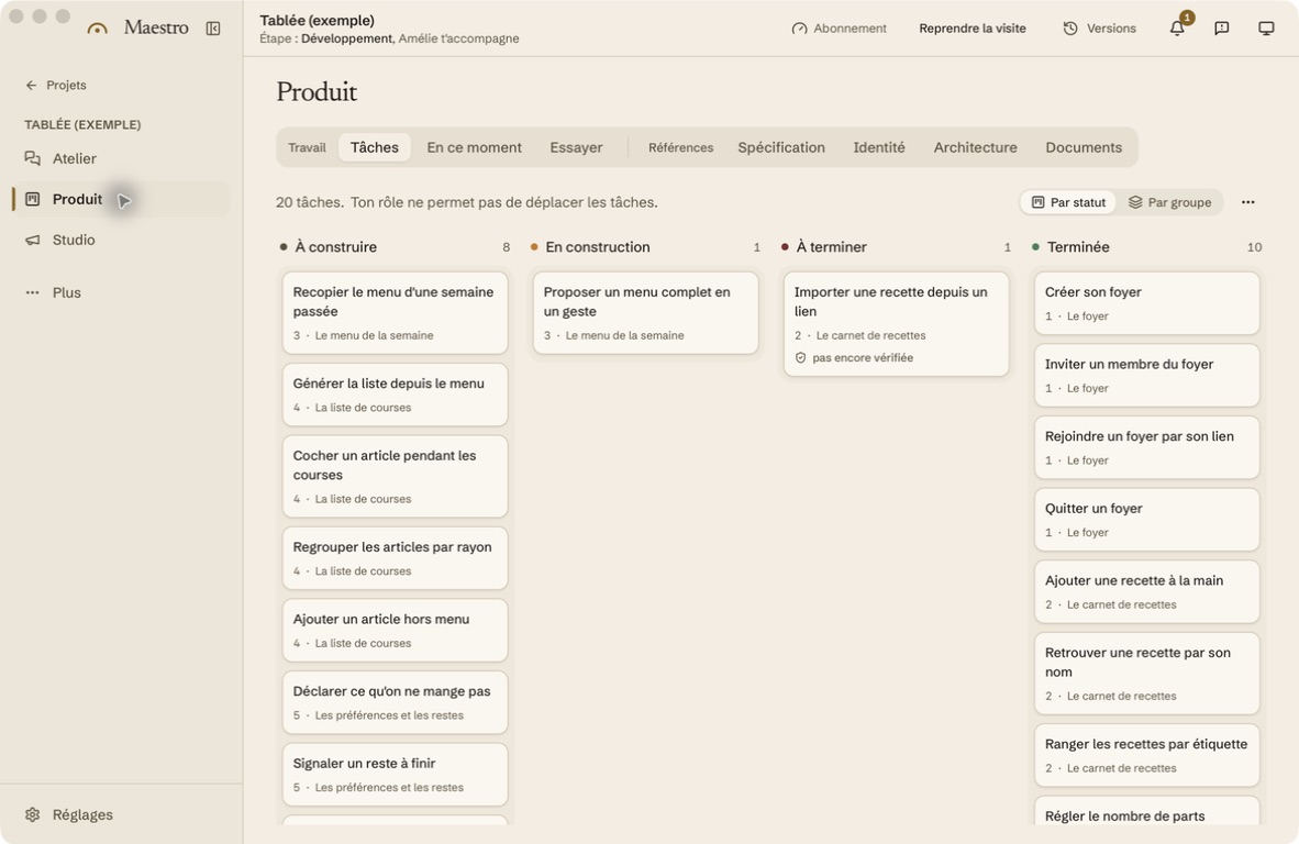 Maestro's Tablée example board with twenty tasks arranged in four progress columns. The interface is in French.