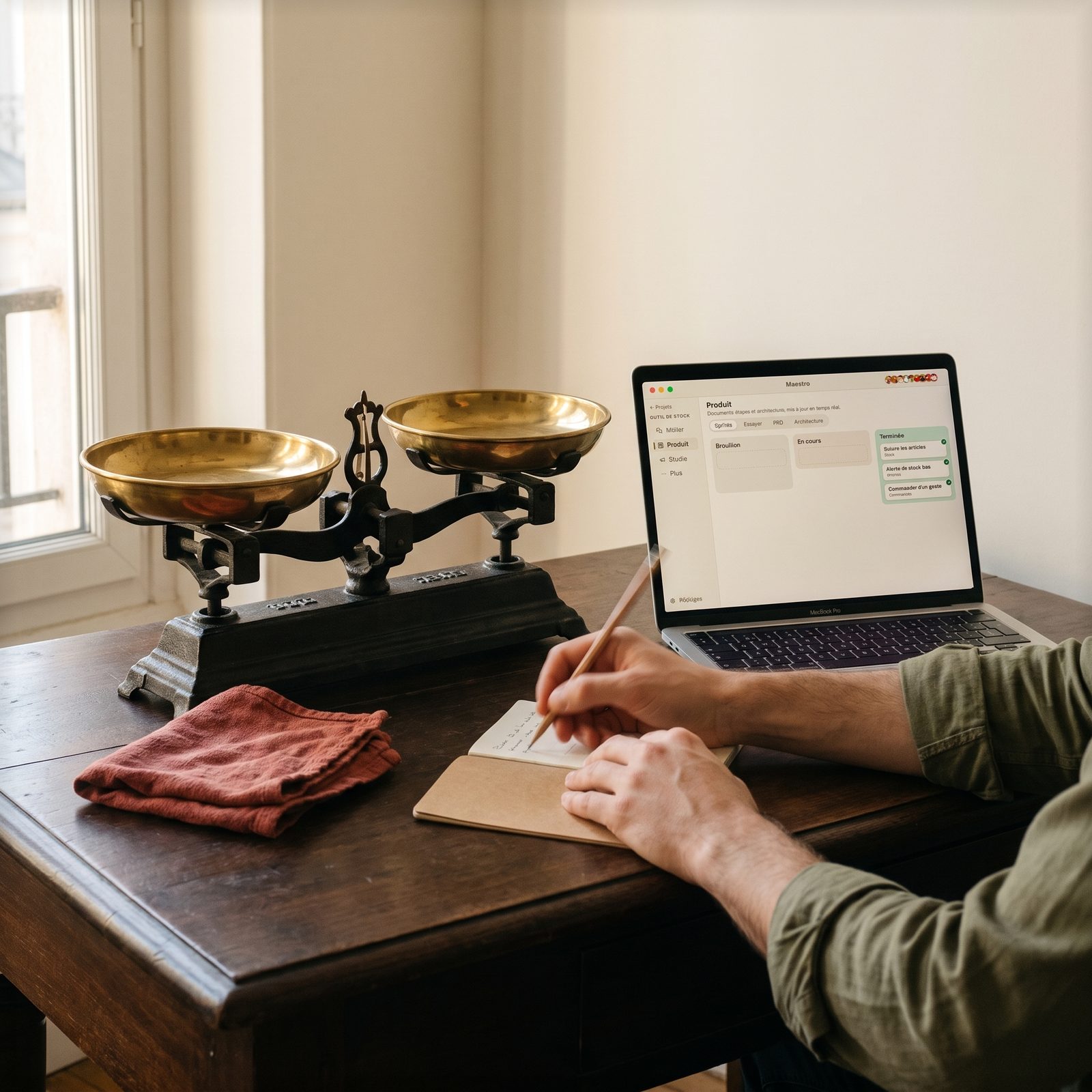 Une balance de cuisine ancienne à côté d'un portable affichant le kanban Maestro, une main prend des notes