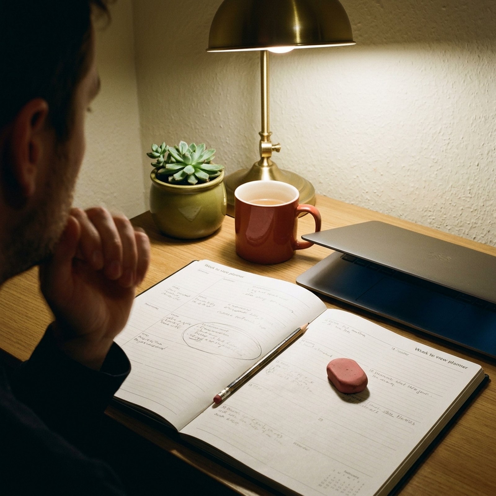 A home office in the evening, with a lit lamp above an open diary in which one week is circled in pencil