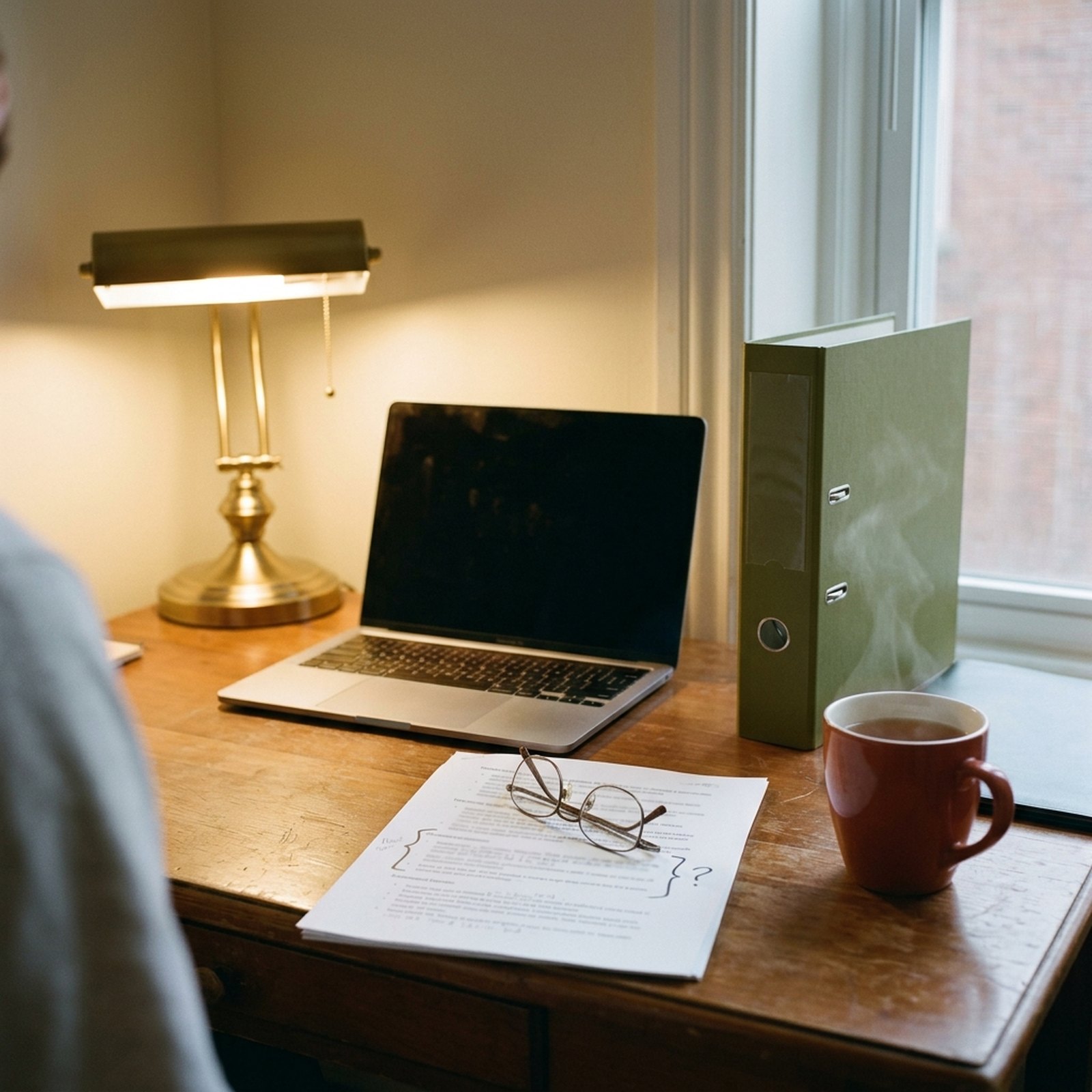 A morning desk with a laptop partly open at an angle, a red mug and a lit brass lamp