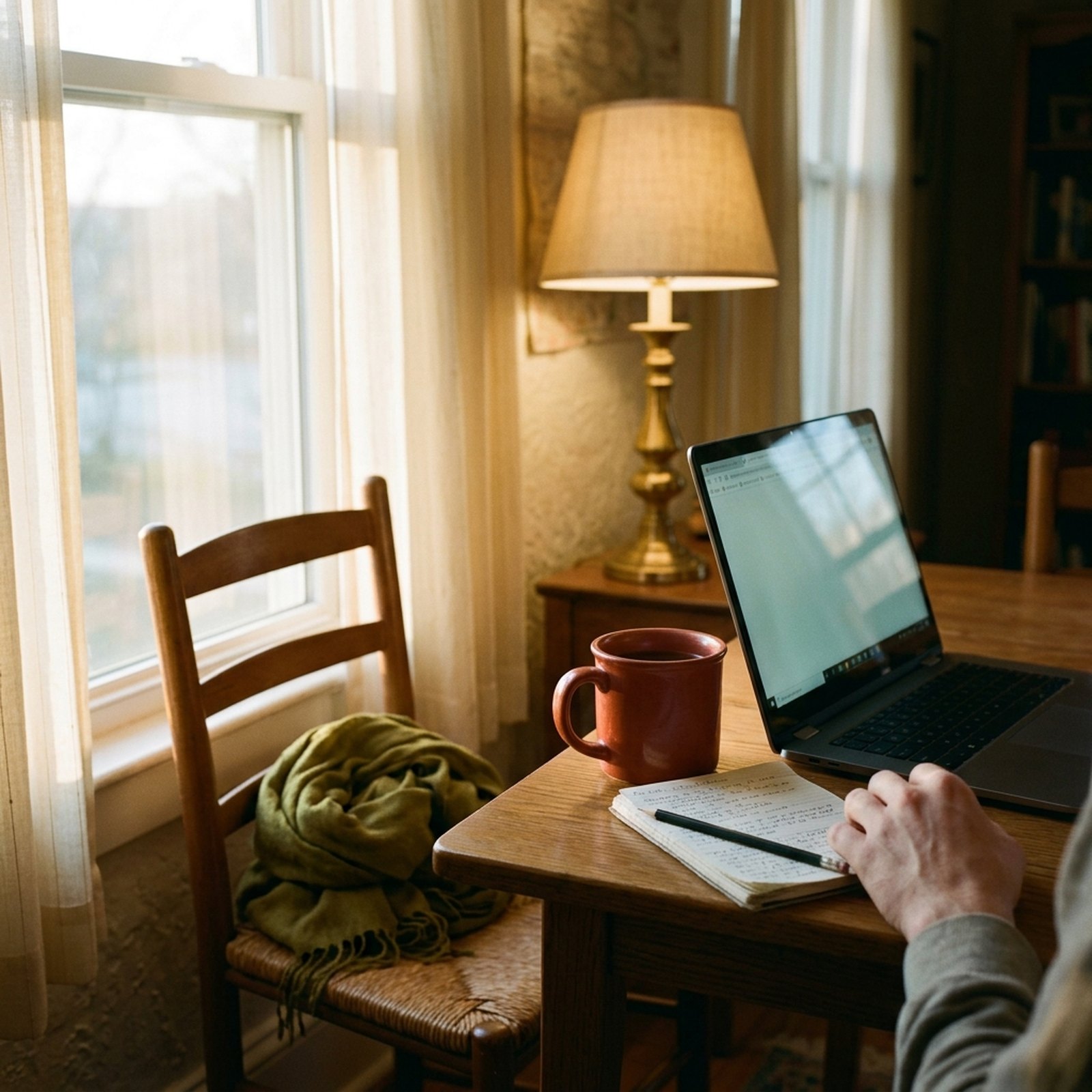 Une table de petit déjeuner au matin avec un ordinateur portable ouvert de trois quarts à l'écran flou, un mug rouge et un carnet annoté
