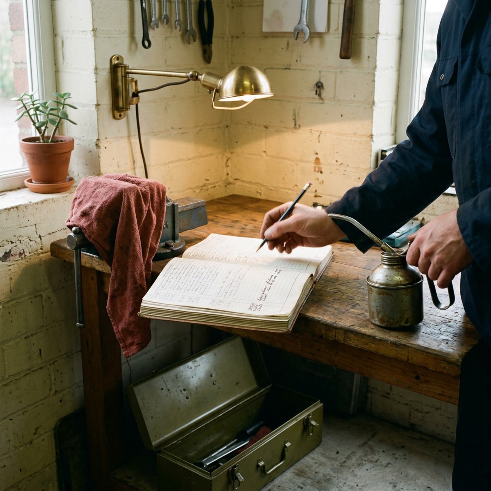 Un carnet d'entretien de machine ouvert sur un établi d'atelier, les dernières lignes datées à la main