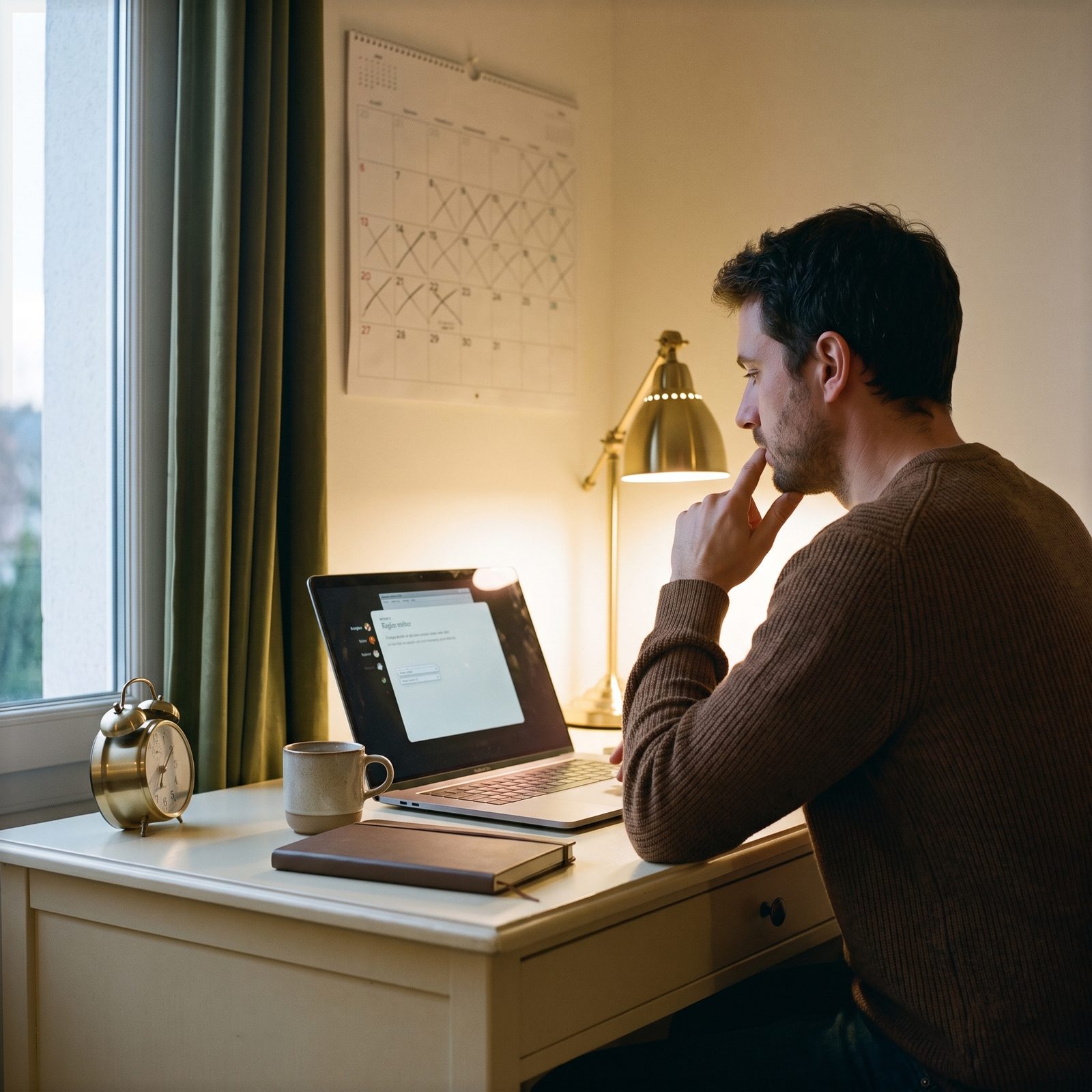 A man reads a stage document in Maestro, with a calendar on the wall and an alarm clock beside the computer