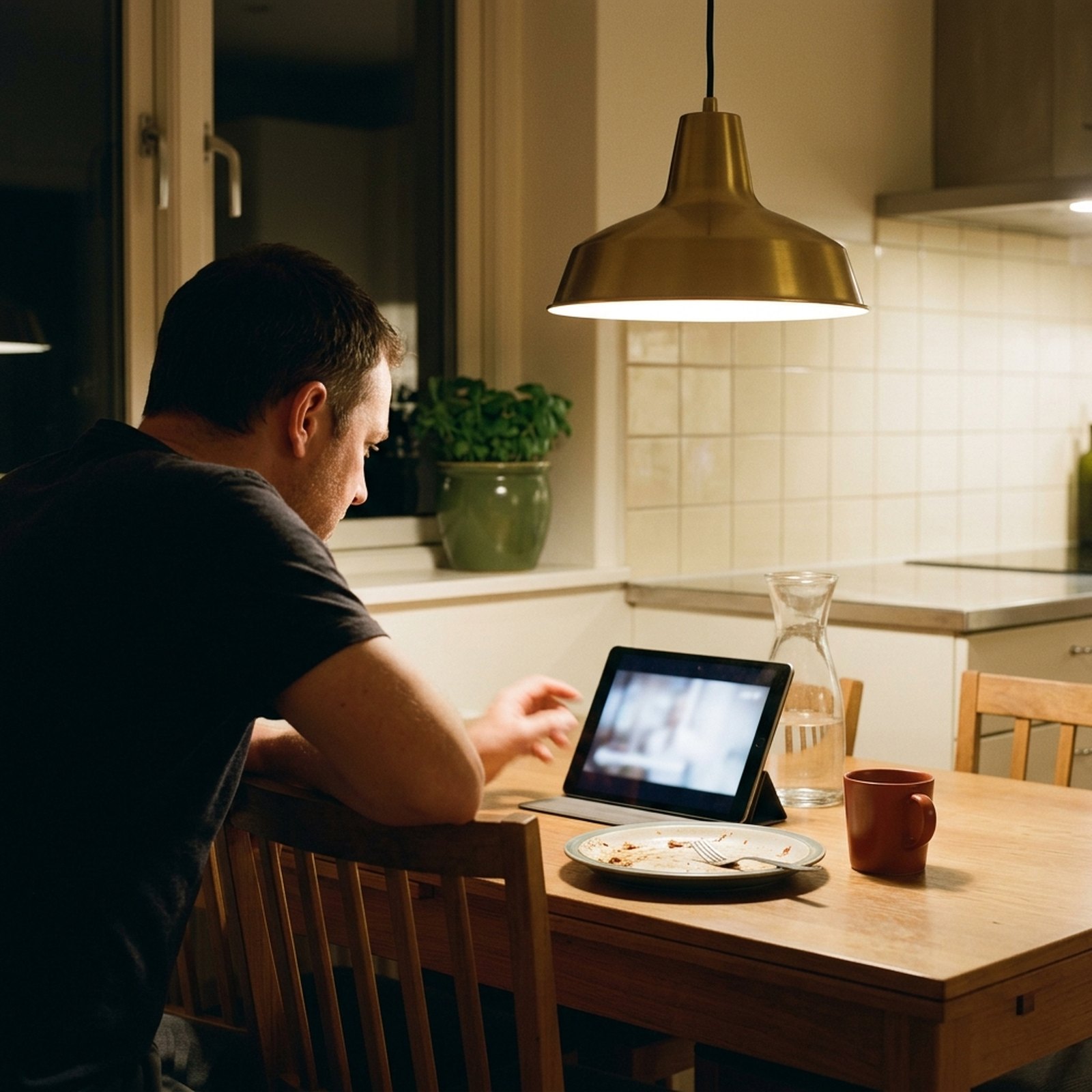 Un dirigeant regarde une retransmission sur une tablette posée contre une carafe, dans une cuisine où le repas du soir attend