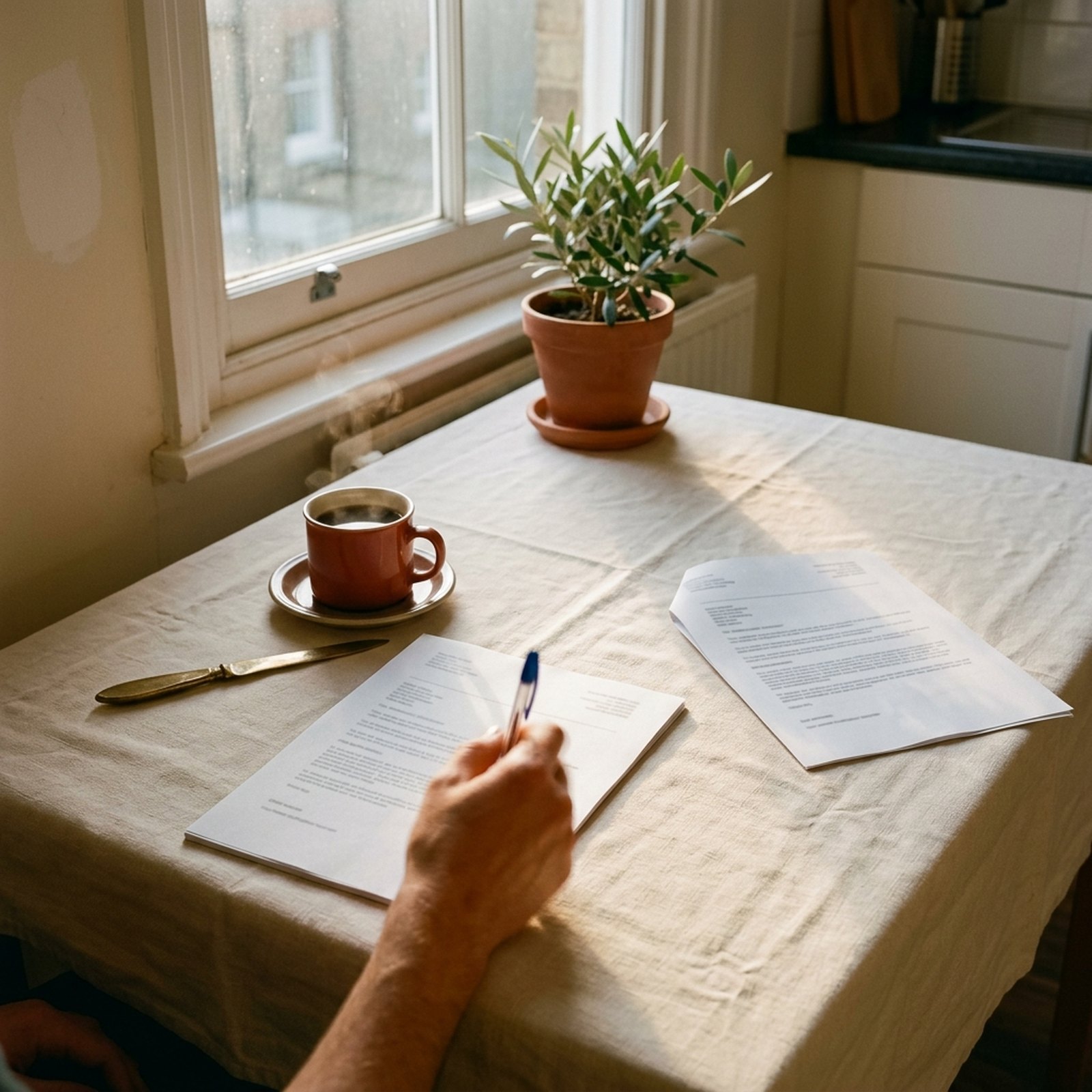 A hand places a pen on a multipage paper quote on a kitchen table early in the morning, beside a brick red mug and green plant