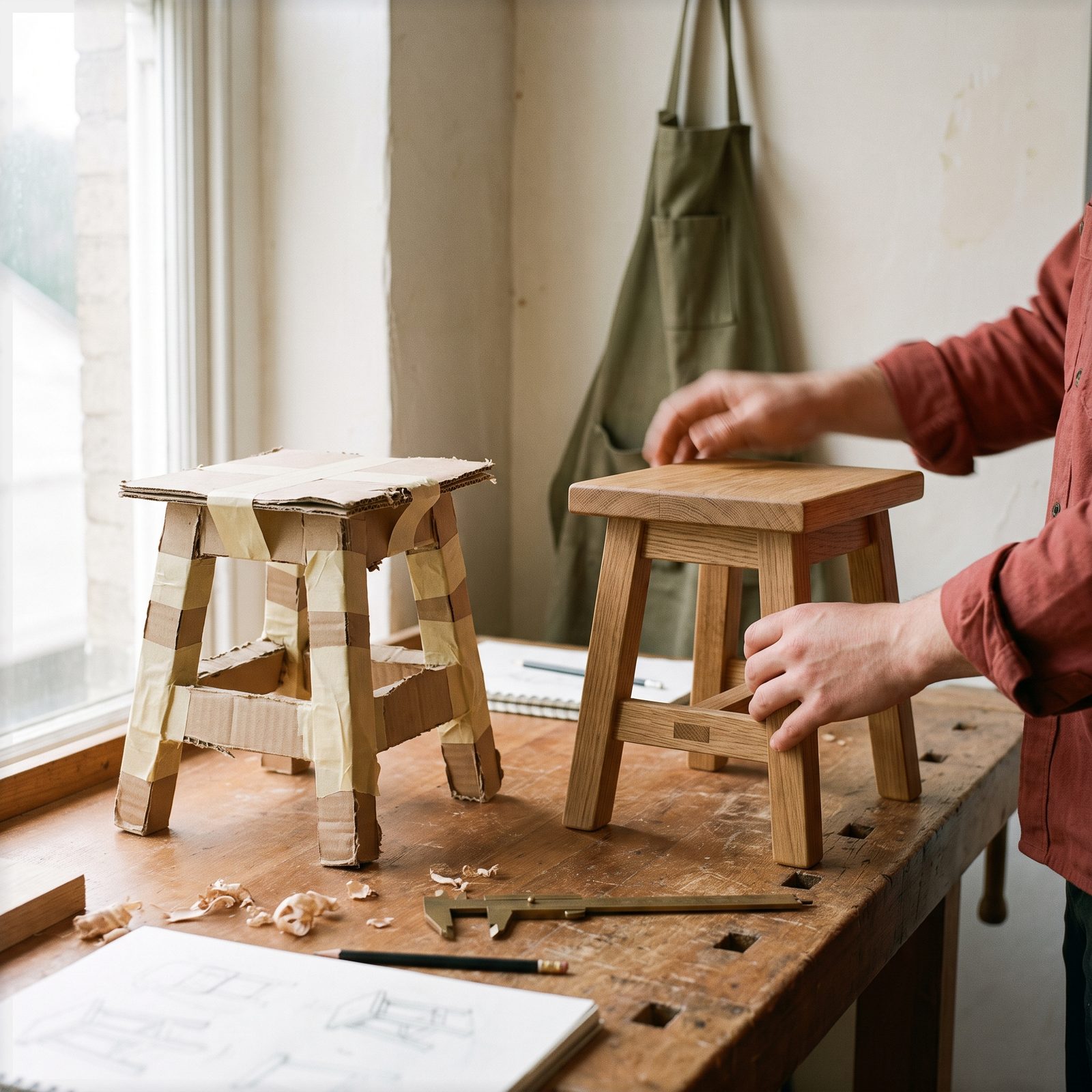 Sur l'établi, la maquette en carton d'un tabouret à côté de sa version finie en chêne massif