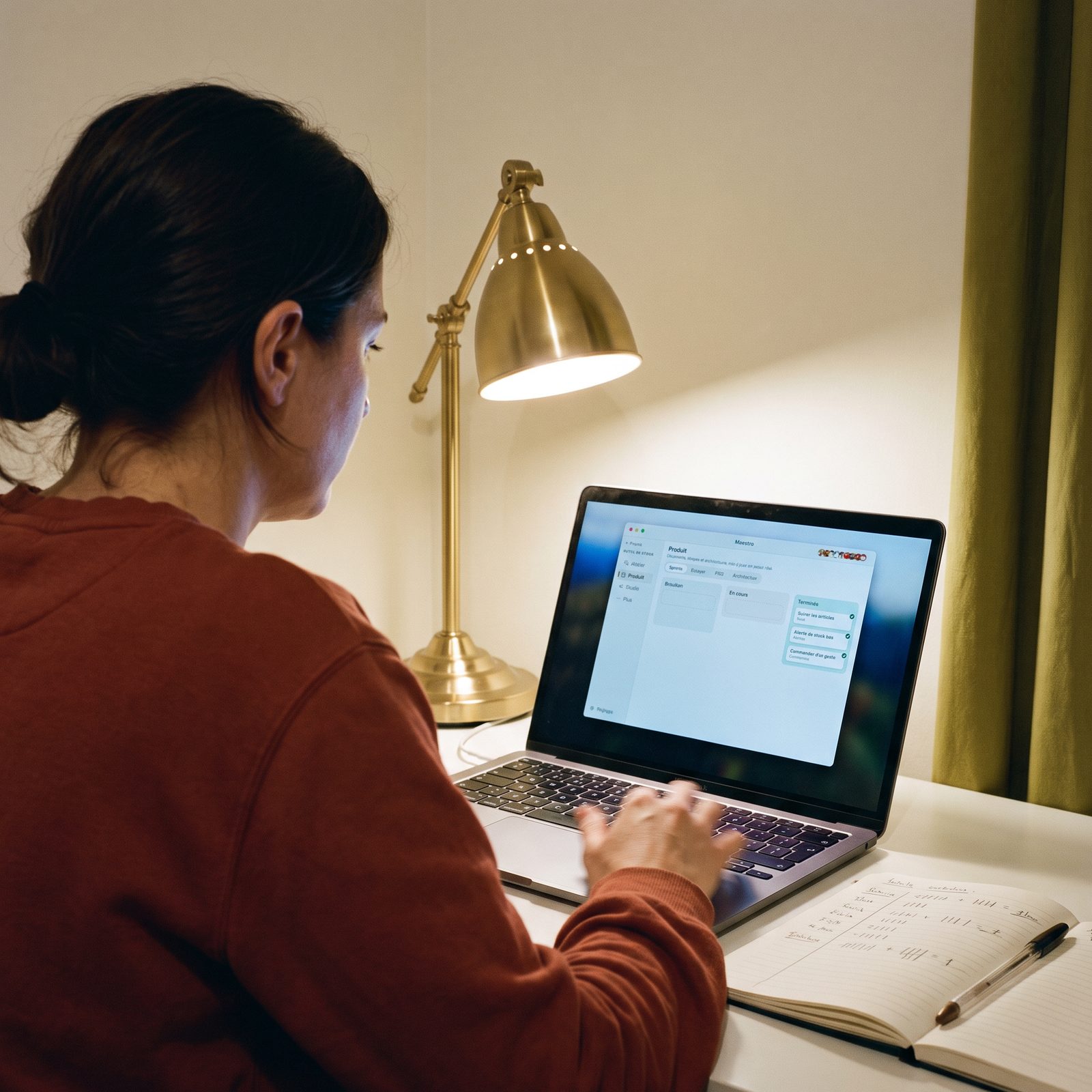 Une femme dirige une équipe d'agents IA depuis son bureau du soir, le tableau de suivi de Maestro à l'écran