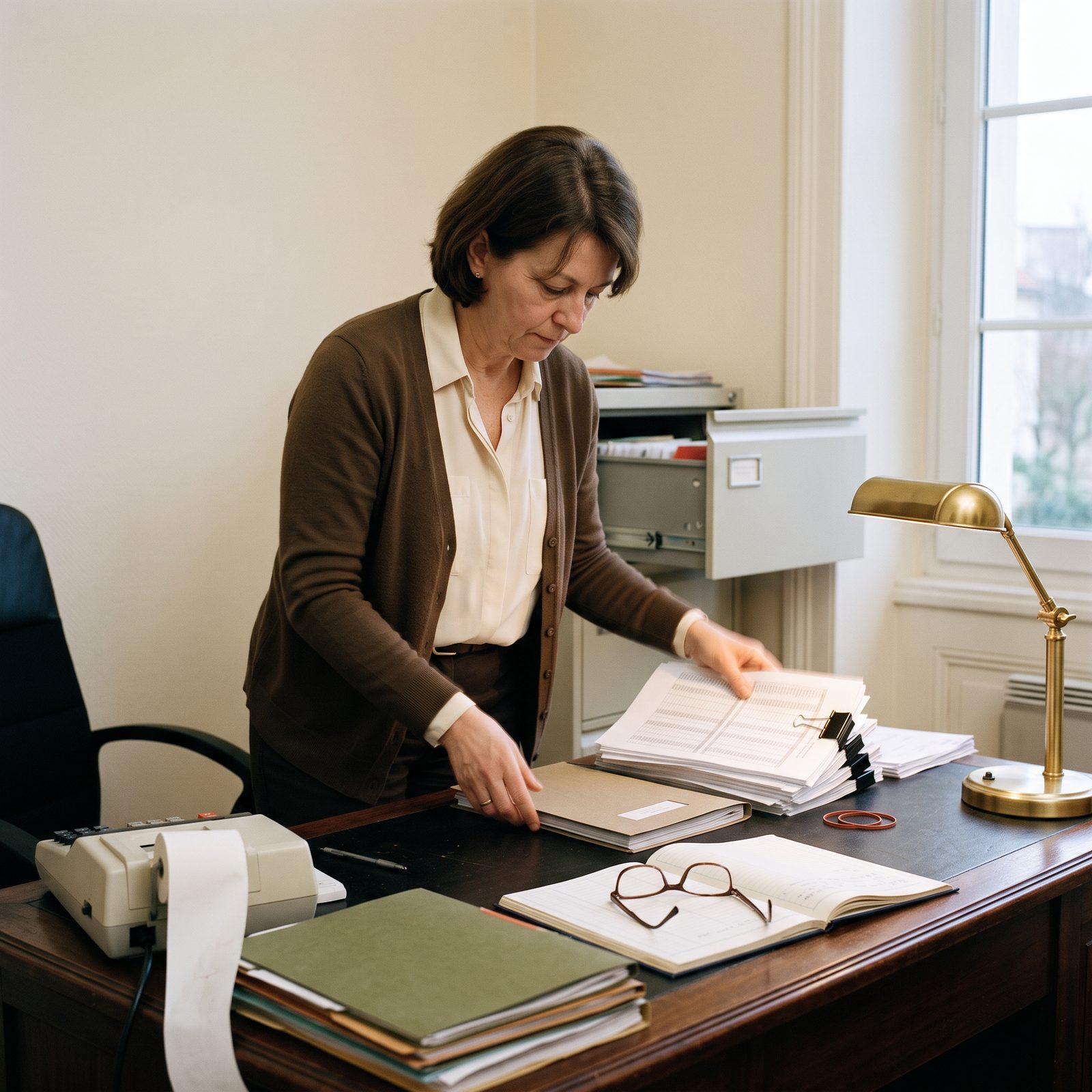 Une comptable range un épais dossier client sur son bureau, une calculatrice à rouleau de papier et une lampe en laiton à côté, un tiroir de classement ouvert derrière elle