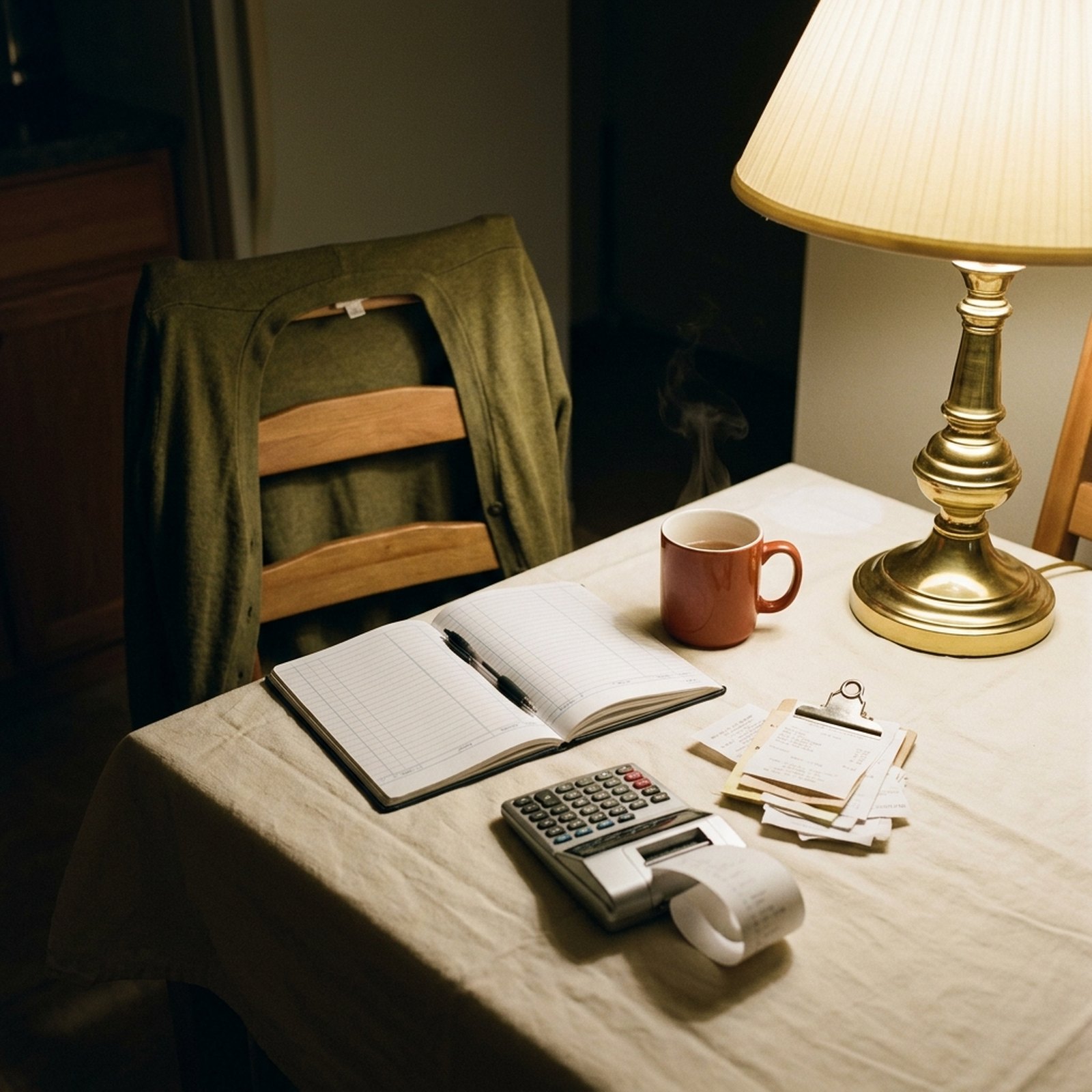 A kitchen table in the evening with an open account book, calculator and still-warm cup