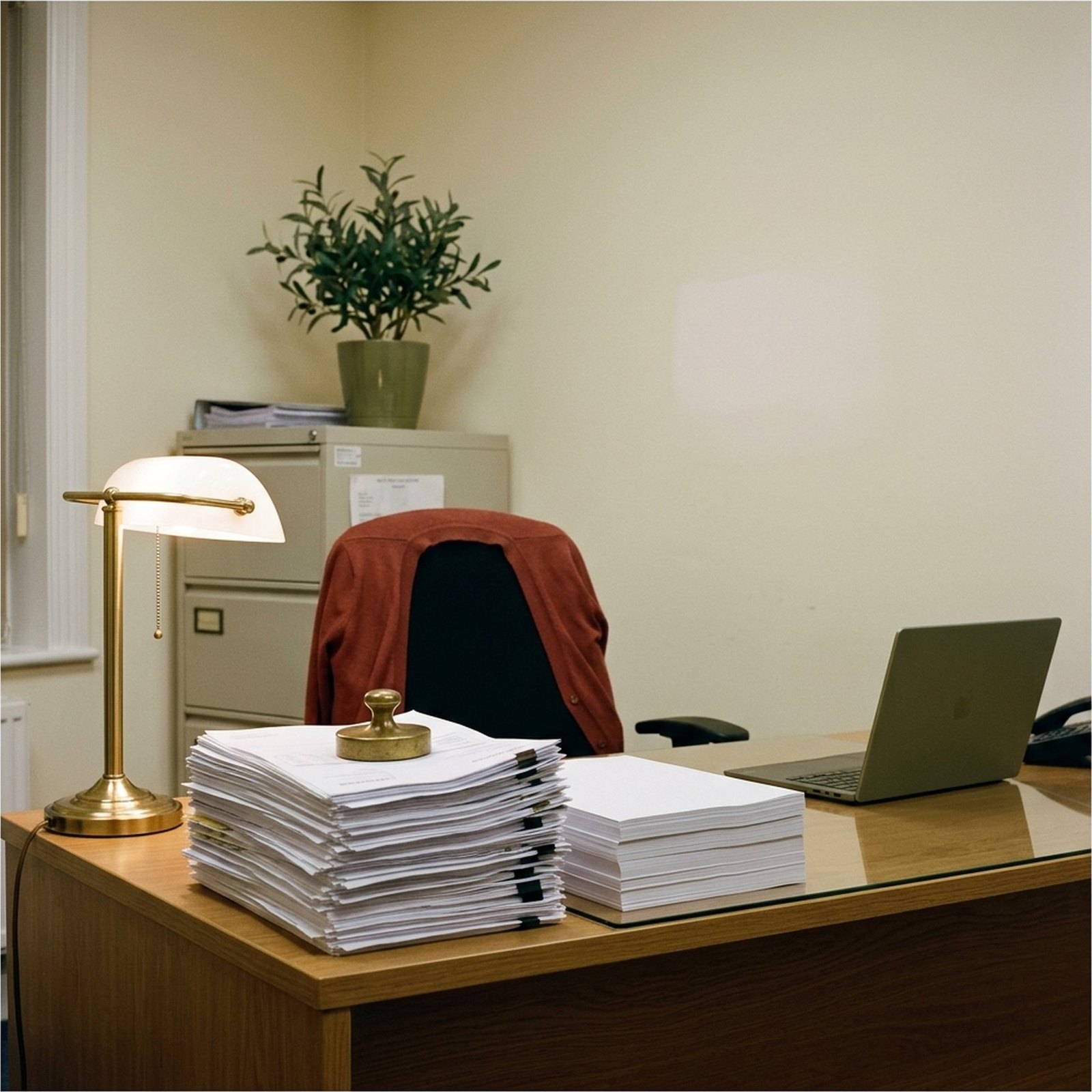 Un bureau de comptabilité en soirée, une pile de factures papier maintenue par un presse-papier à côté d'une plante verte et d'une lampe en laiton allumée