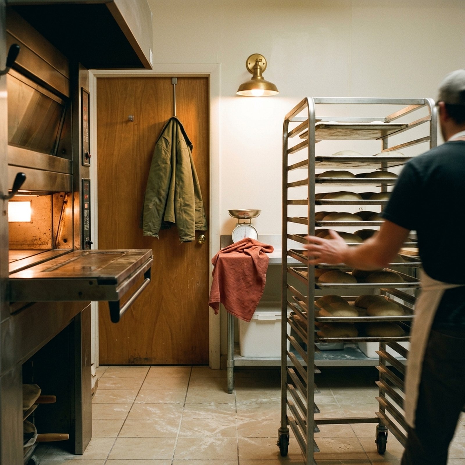Une boulangerie de nuit, le four allumé et les plaques préparées sur le chariot, une veste olive accrochée près de la porte