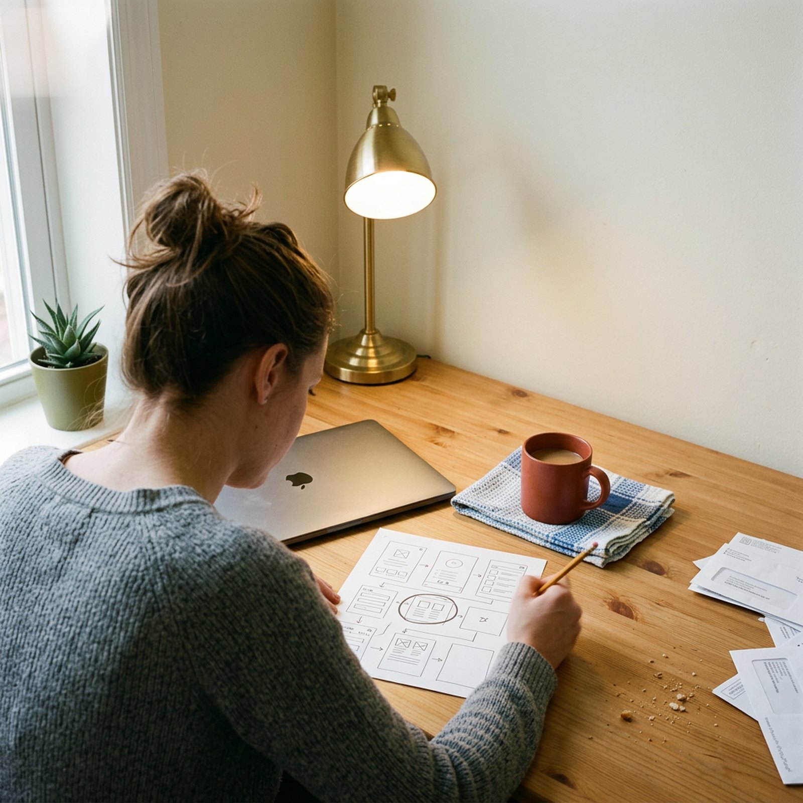 A business owner annotates a user-journey sheet in pencil on her kitchen table, with a closed laptop beside it