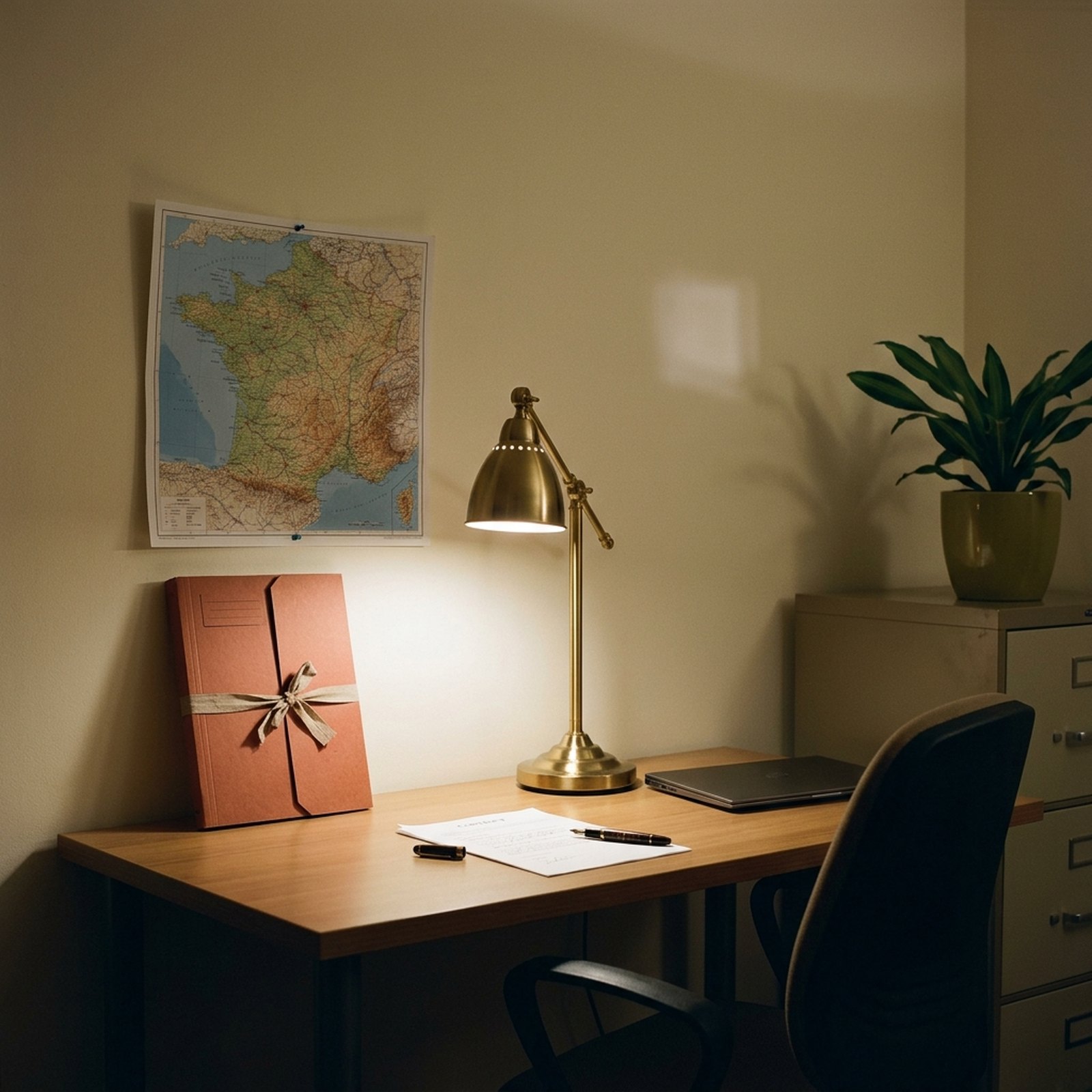 An office at the end of the day with a red cardboard folder, a green plant, and a map of France pinned to the wall