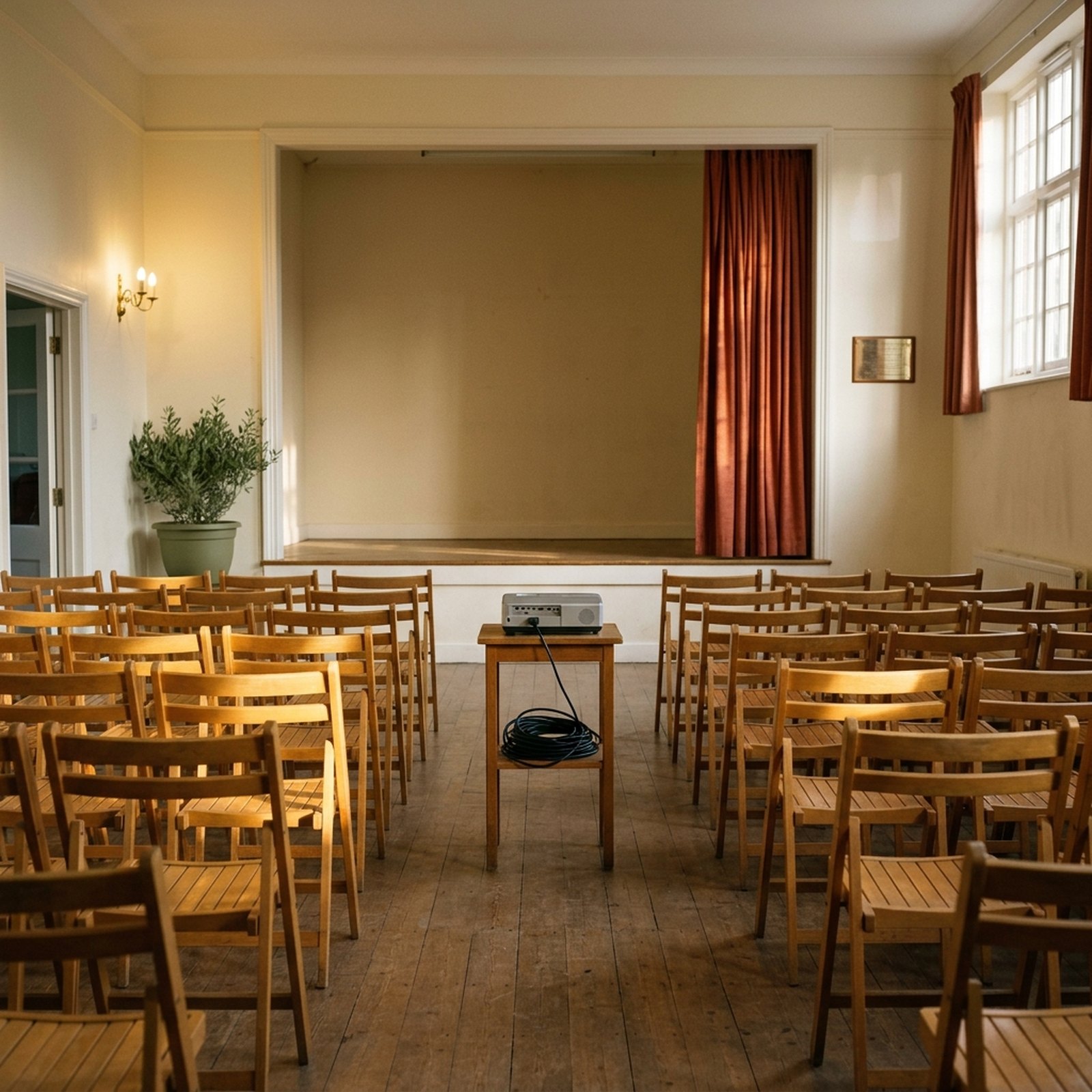Une salle des fêtes municipale en fin de journée, des chaises alignées face à une estrade vide et un projecteur éteint sur une table
