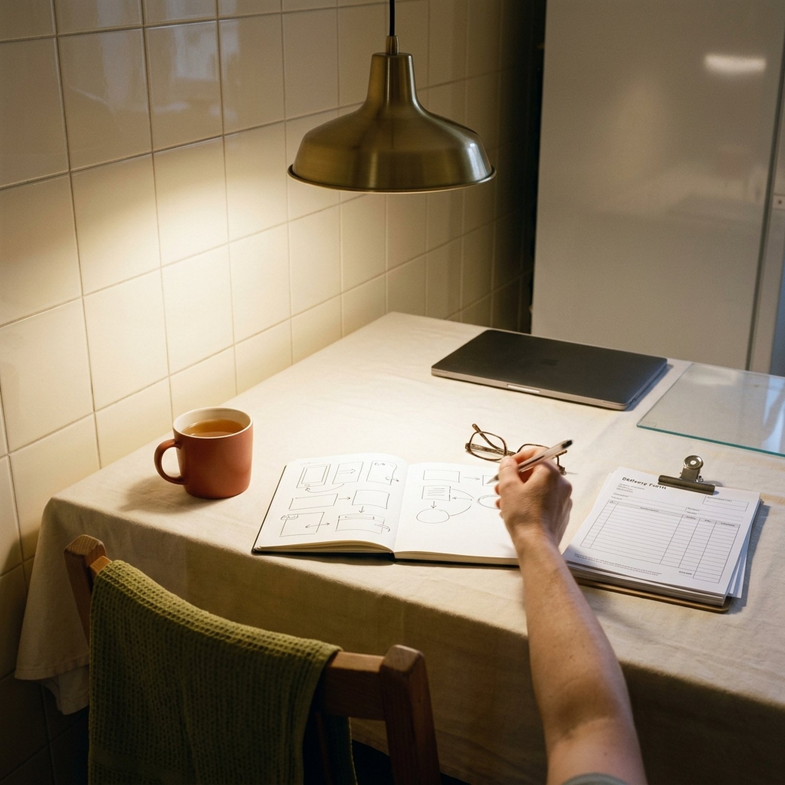 Un carnet ouvert où quelqu'un a dessiné à la main des écrans avec des flèches, posé sur la table d'une cuisine en fin de journée