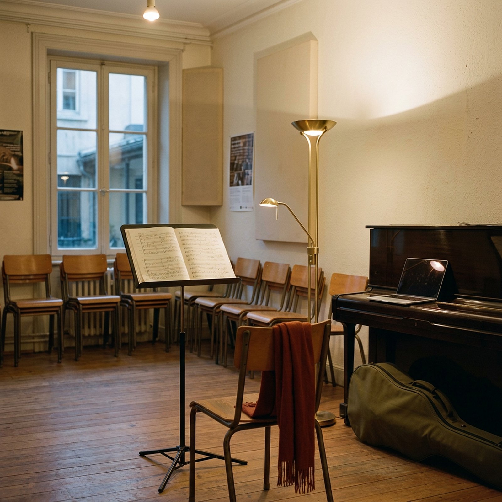An empty chair in front of a conductor's stand in a rehearsal room at the end of the day