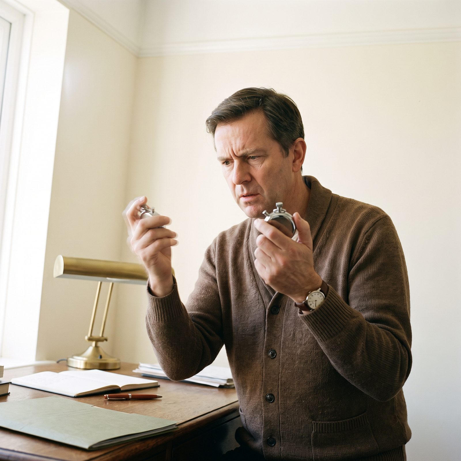 A man in a brown cardigan holds two stopped stopwatches, one in each hand, and compares their times with a puzzled expression in his daytime office