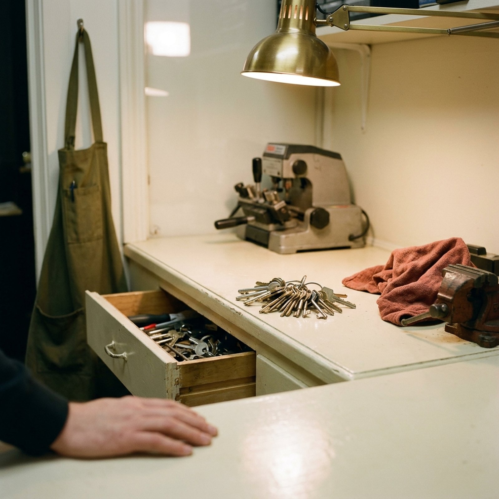 Un trousseau de clés oublié sur le comptoir d'un atelier de serrurier, tiroir entrouvert derrière