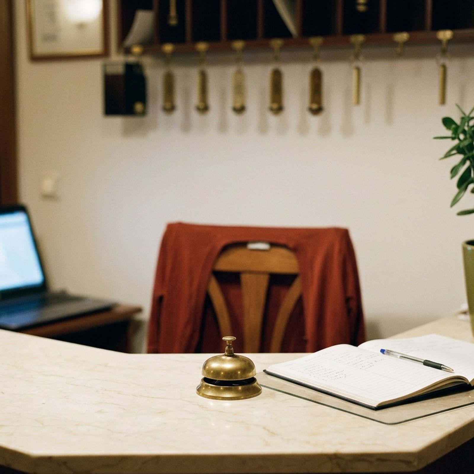 Une sonnette de comptoir en laiton posée près d'un carnet ouvert dans une réception d'hôtel le soir