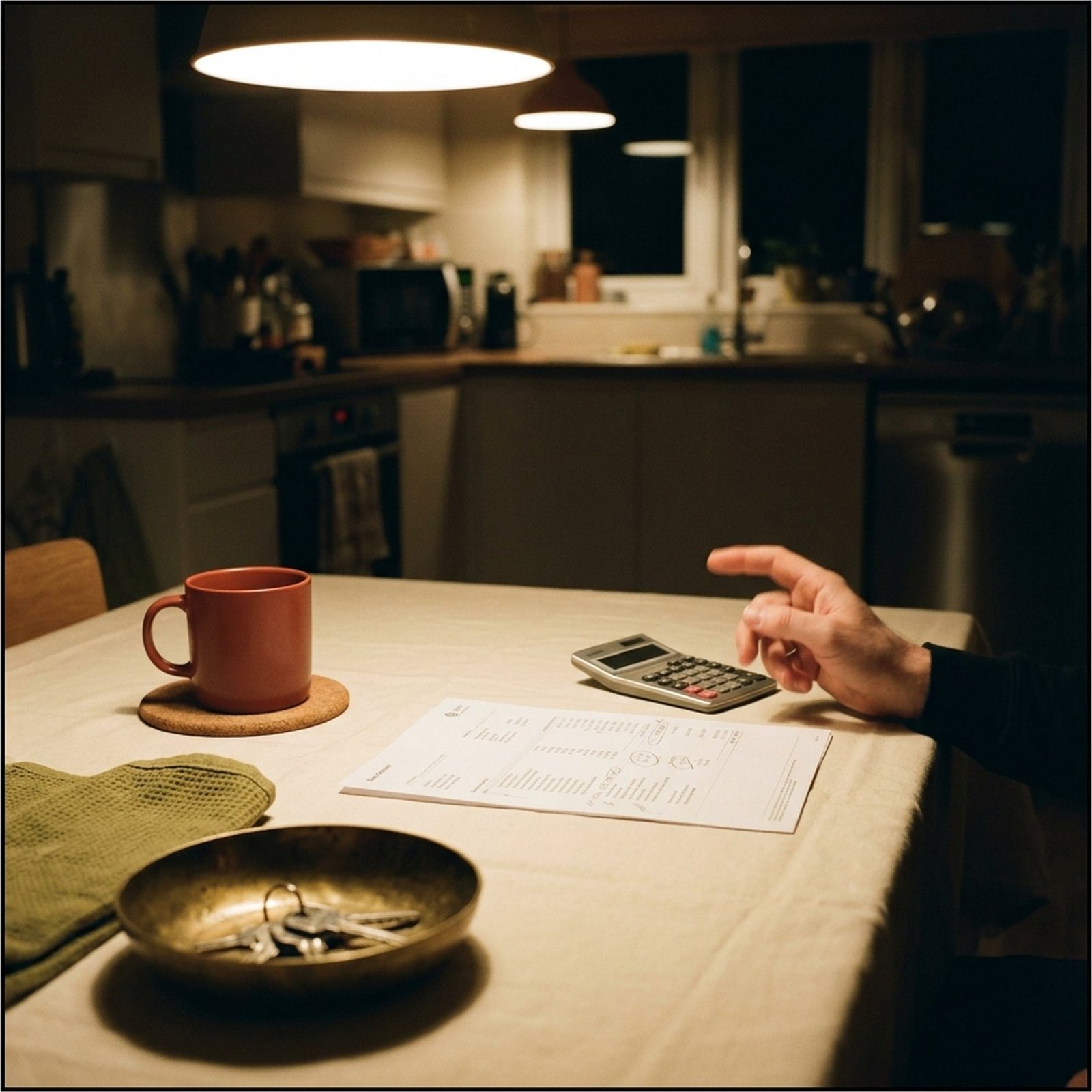 Une table de cuisine le soir, un relevé bancaire annoté au crayon à côté d'une calculatrice et d'un mug rouge brique