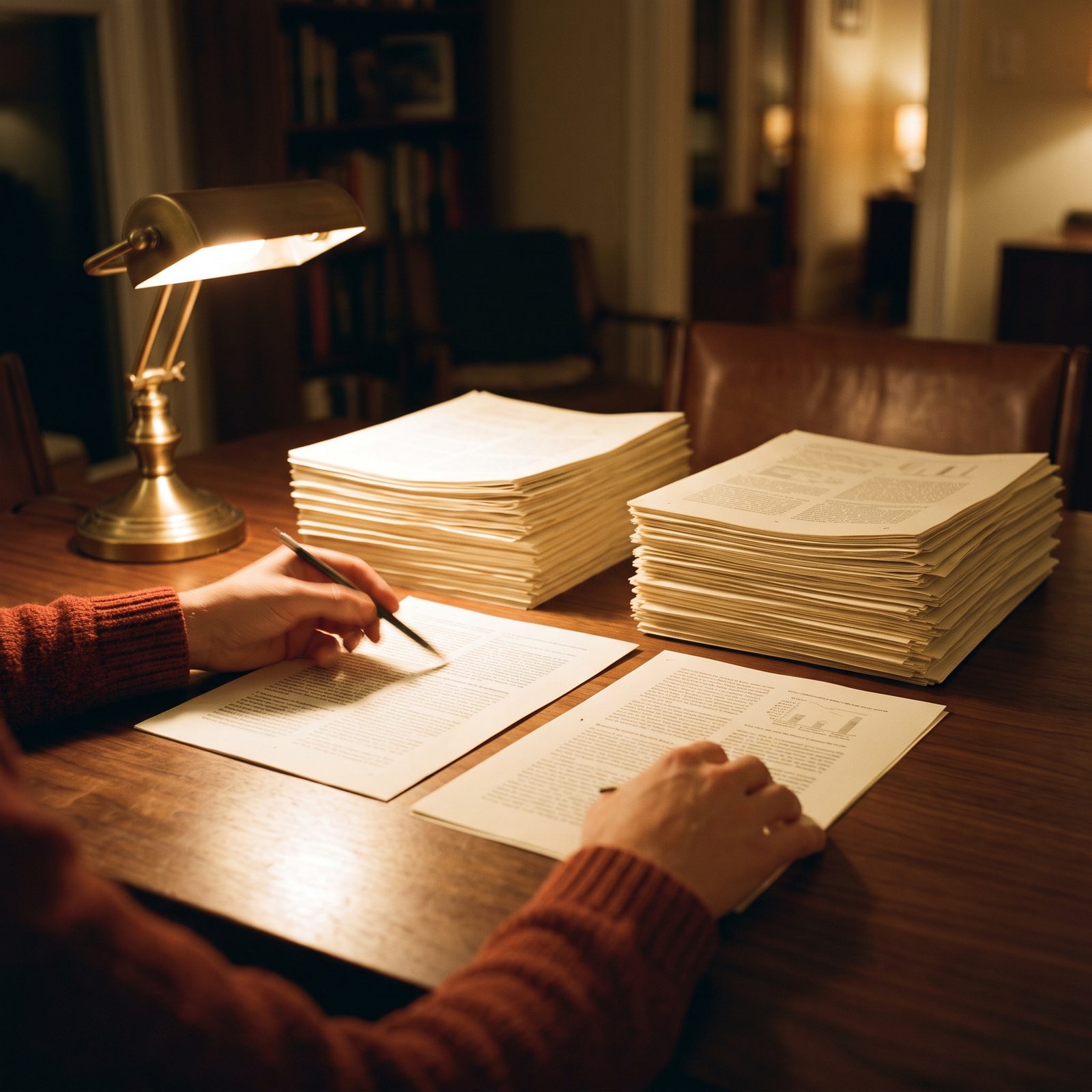 Deux piles de documents imprimés comparées ligne à ligne au crayon sous une lampe en laiton