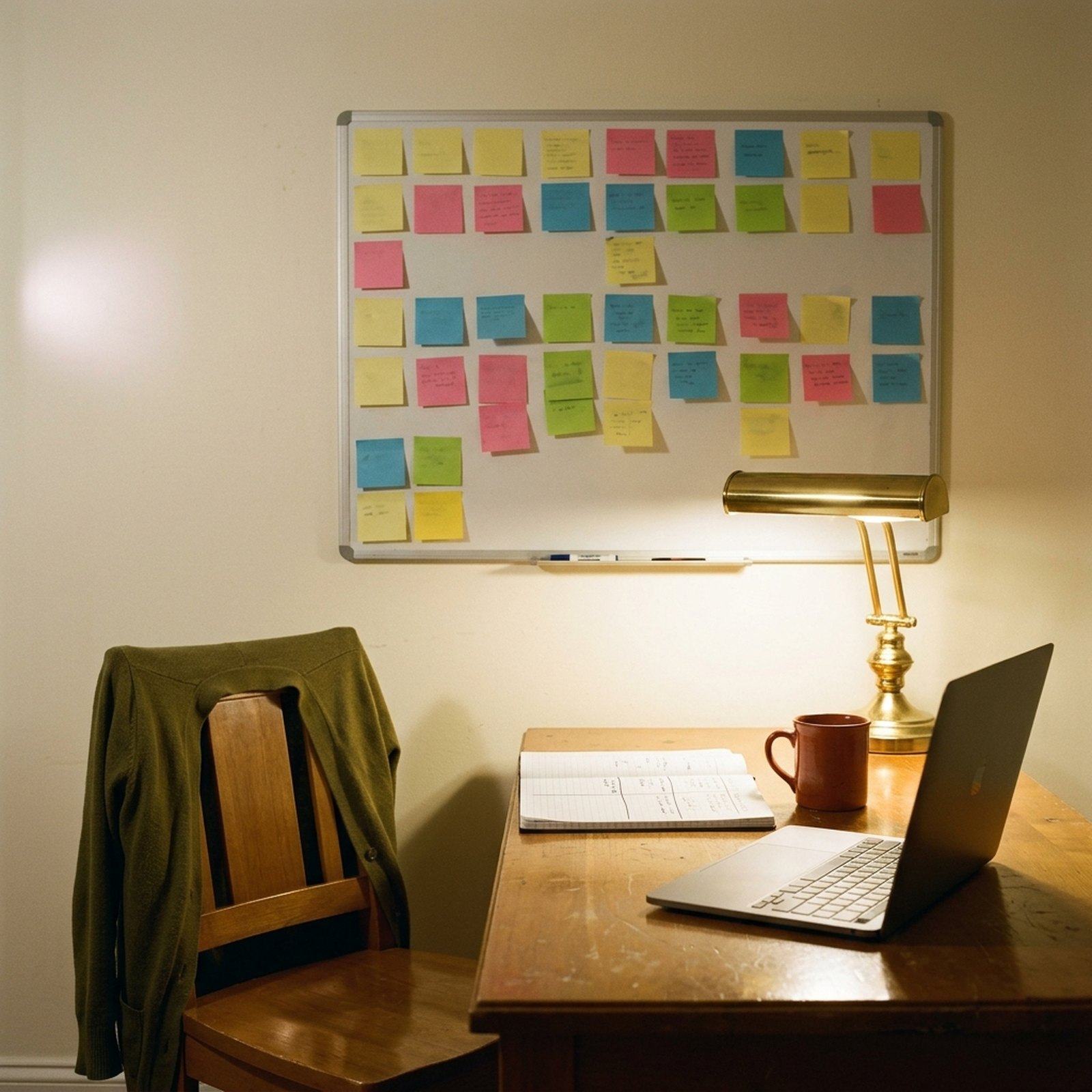 Un tableau blanc couvert d'étiquettes de couleur dans un bureau du soir, une lampe en laiton allumée à côté d'un mug
