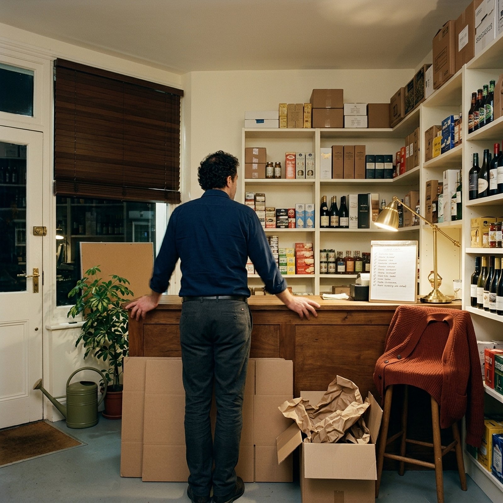 Une boutique la veille de son ouverture, cartons ouverts et rayonnages remplis, une liste manuscrite posée sur le comptoir sous une lampe en laiton