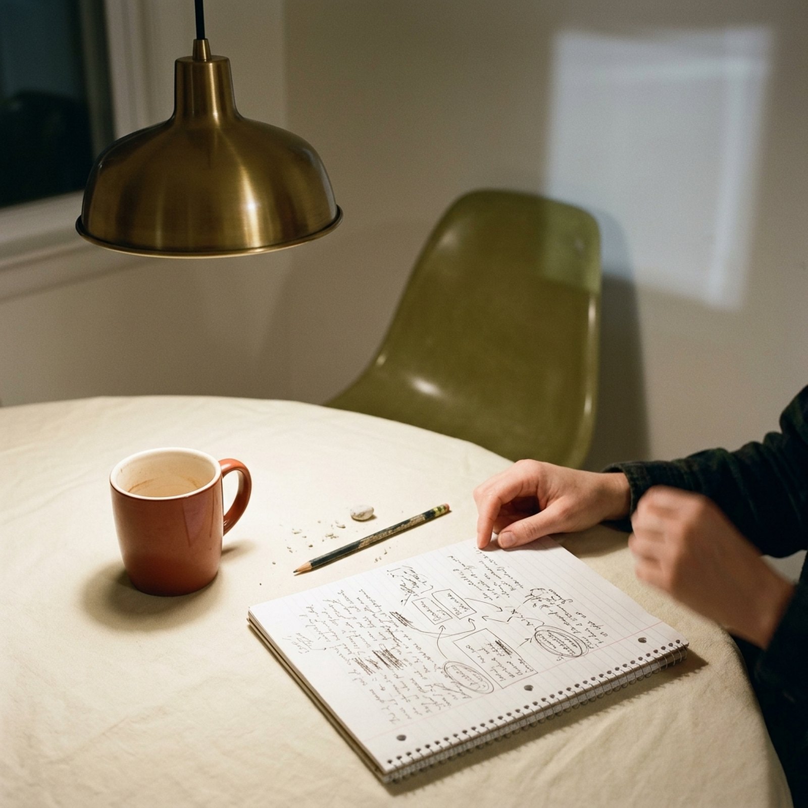 Una mesa de cocina por la noche con un cuaderno abierto lleno de tachones y flechas, un lápiz atravesado y una taza rojo ladrillo medio vacía