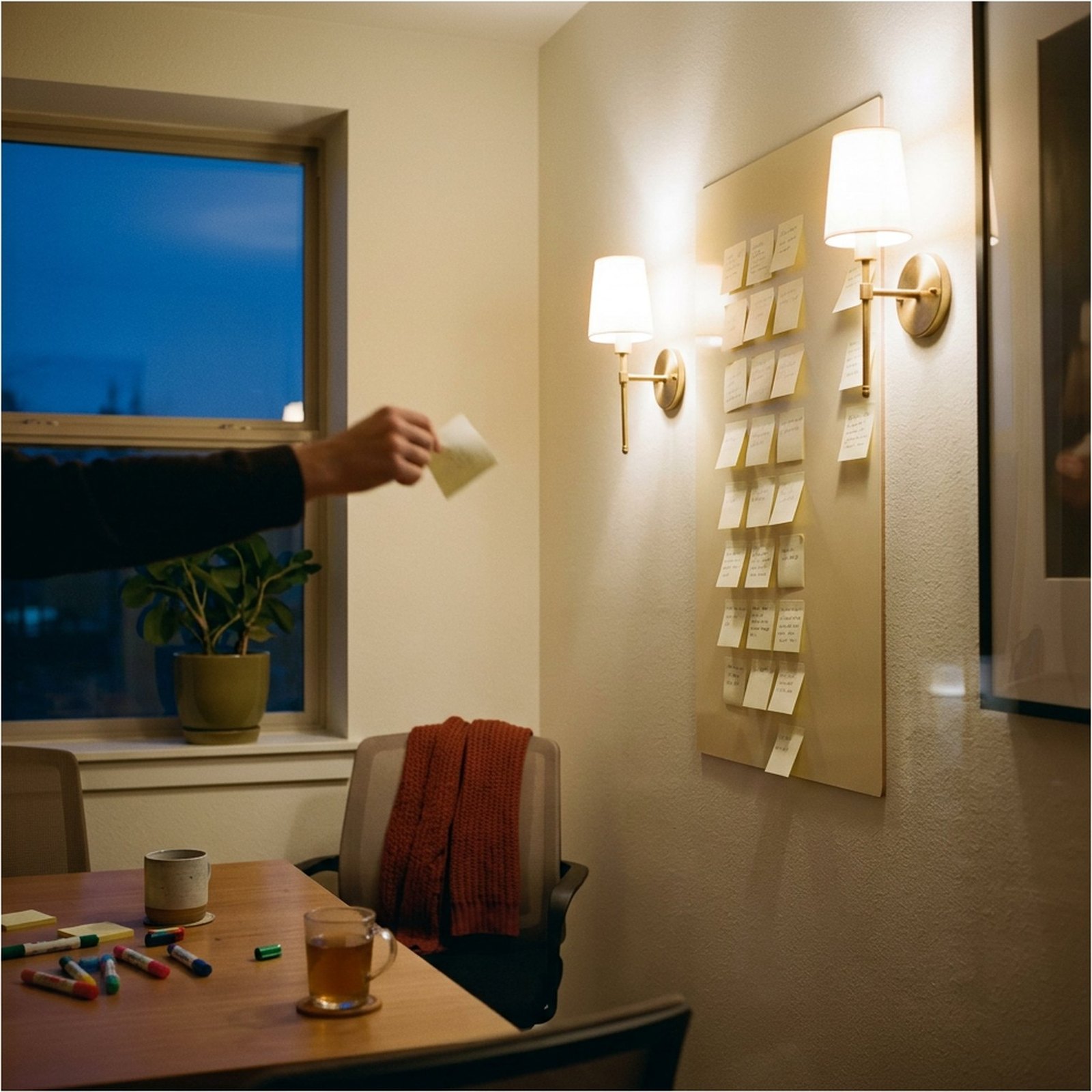 Un tableau blanc couvert de post-it de périmètre, deux colonnes tracées au marqueur, une main en décolle un