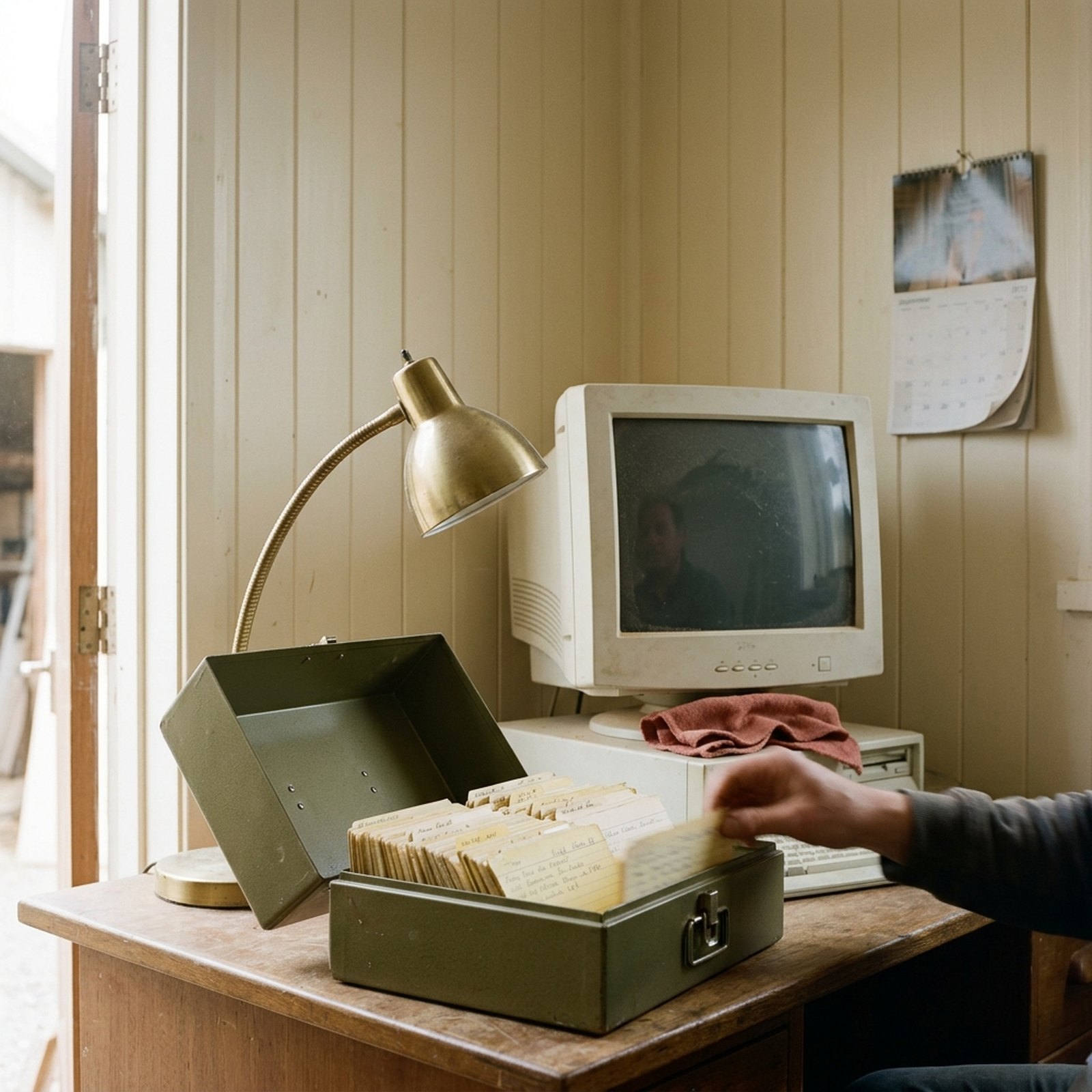 Un bureau d'atelier en milieu de matinée, un classeur olive rempli de fiches cartonnées ouvert à côté d'une lampe en laiton et d'un vieil écran éteint