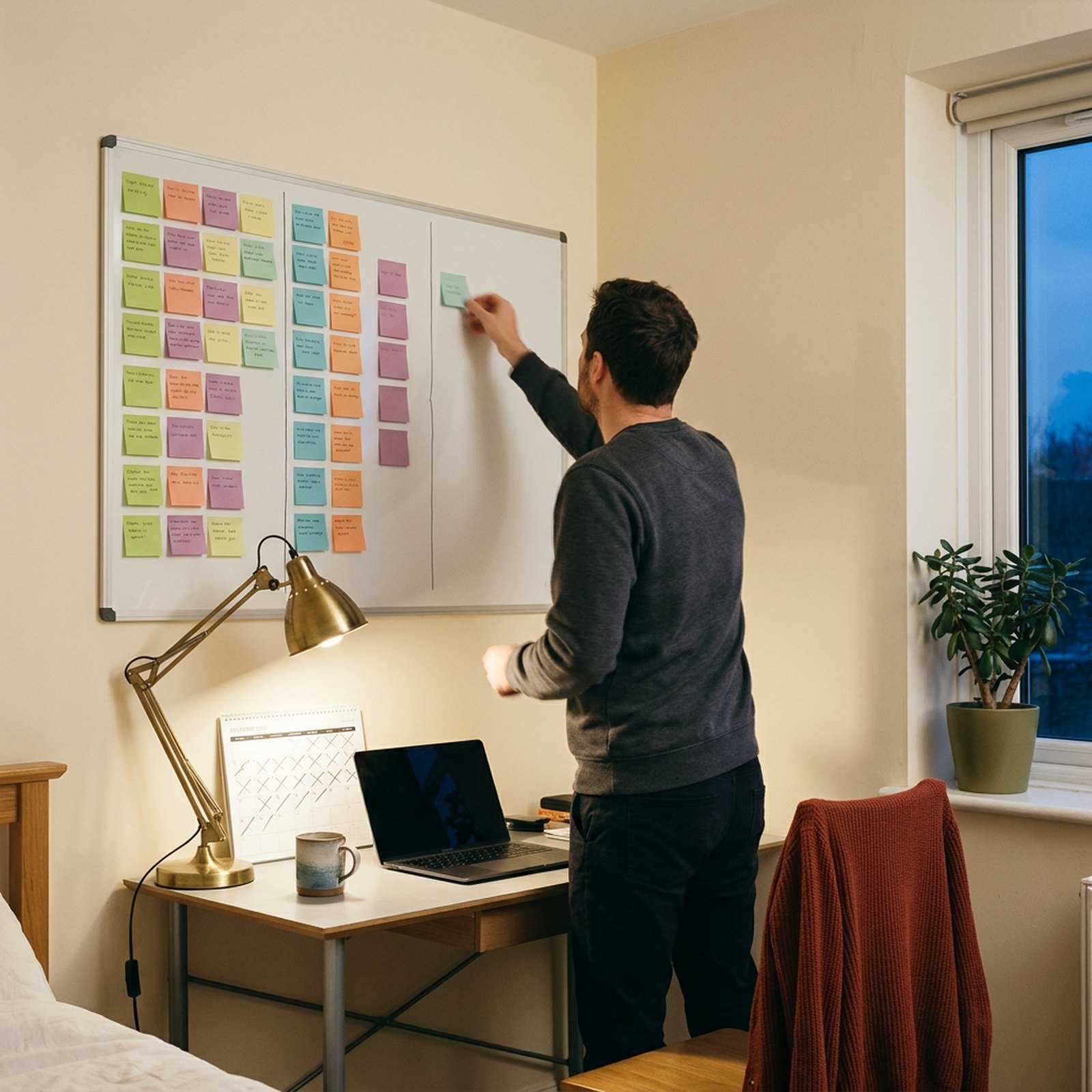 Un tableau blanc couvert d'étiquettes autocollantes dont la dernière colonne reste presque vide dans un bureau à la maison en fin de journée