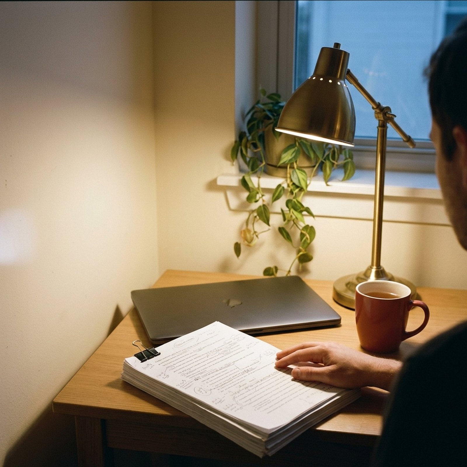 Un bureau à la maison éclairé par une lampe en laiton en fin de soirée, un ordinateur portable refermé posé sur une pile de feuilles annotées