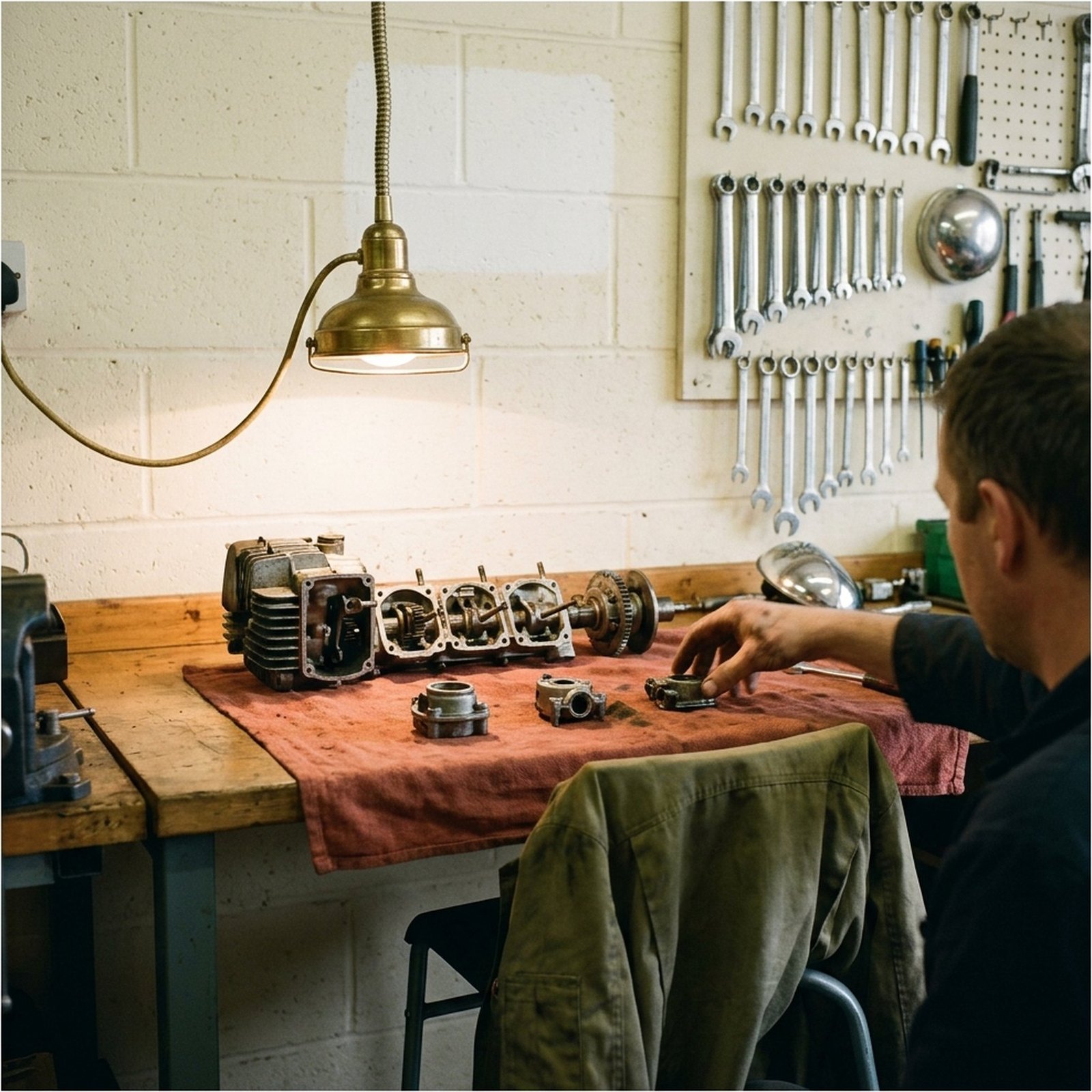 Un moteur démonté sur l'établi d'un garage, pièces alignées sur un chiffon, lampe baladeuse allumée
