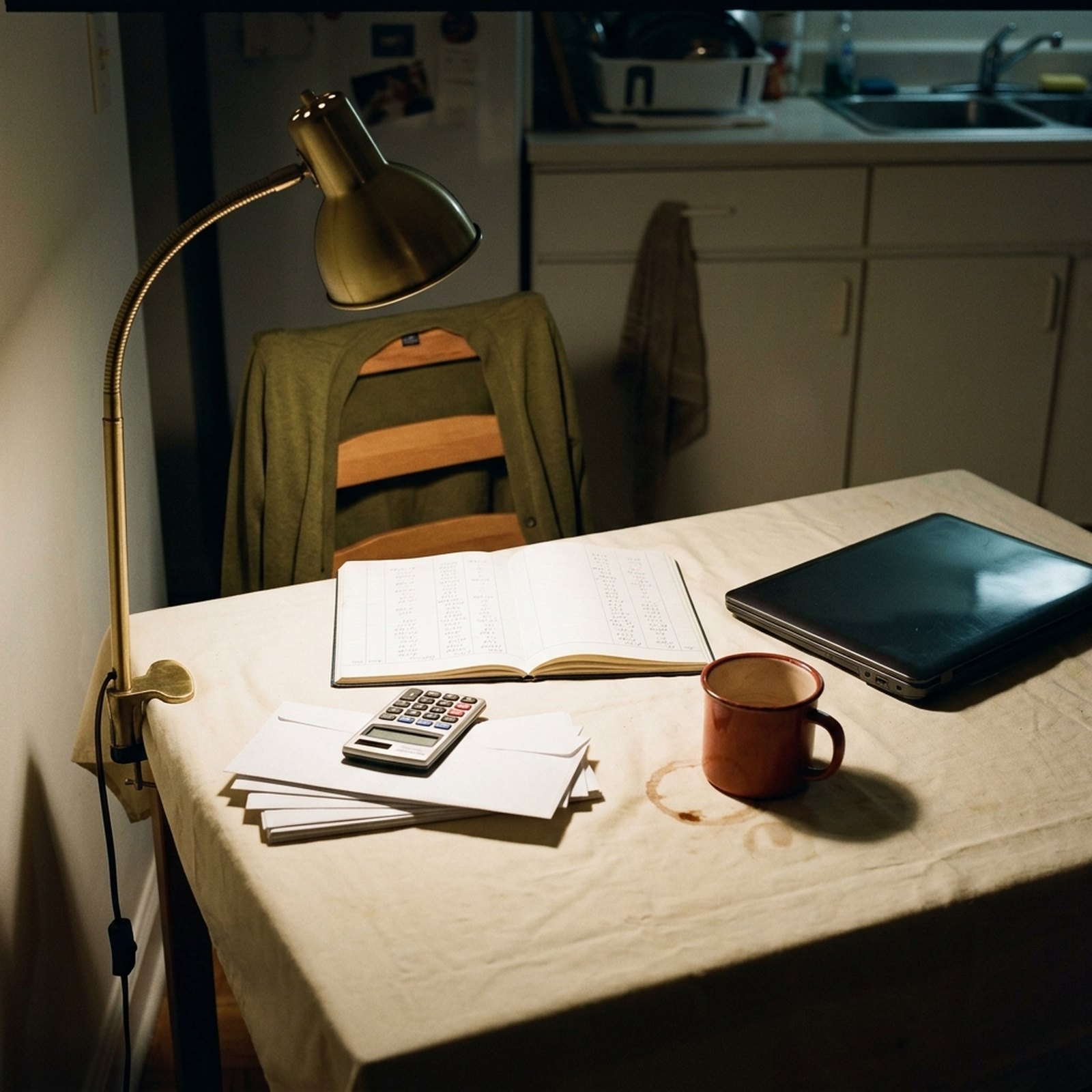 Un carnet de comptes ouvert sur une table de cuisine le soir, une calculatrice et un mug rouge à côté, sous une lampe en laiton