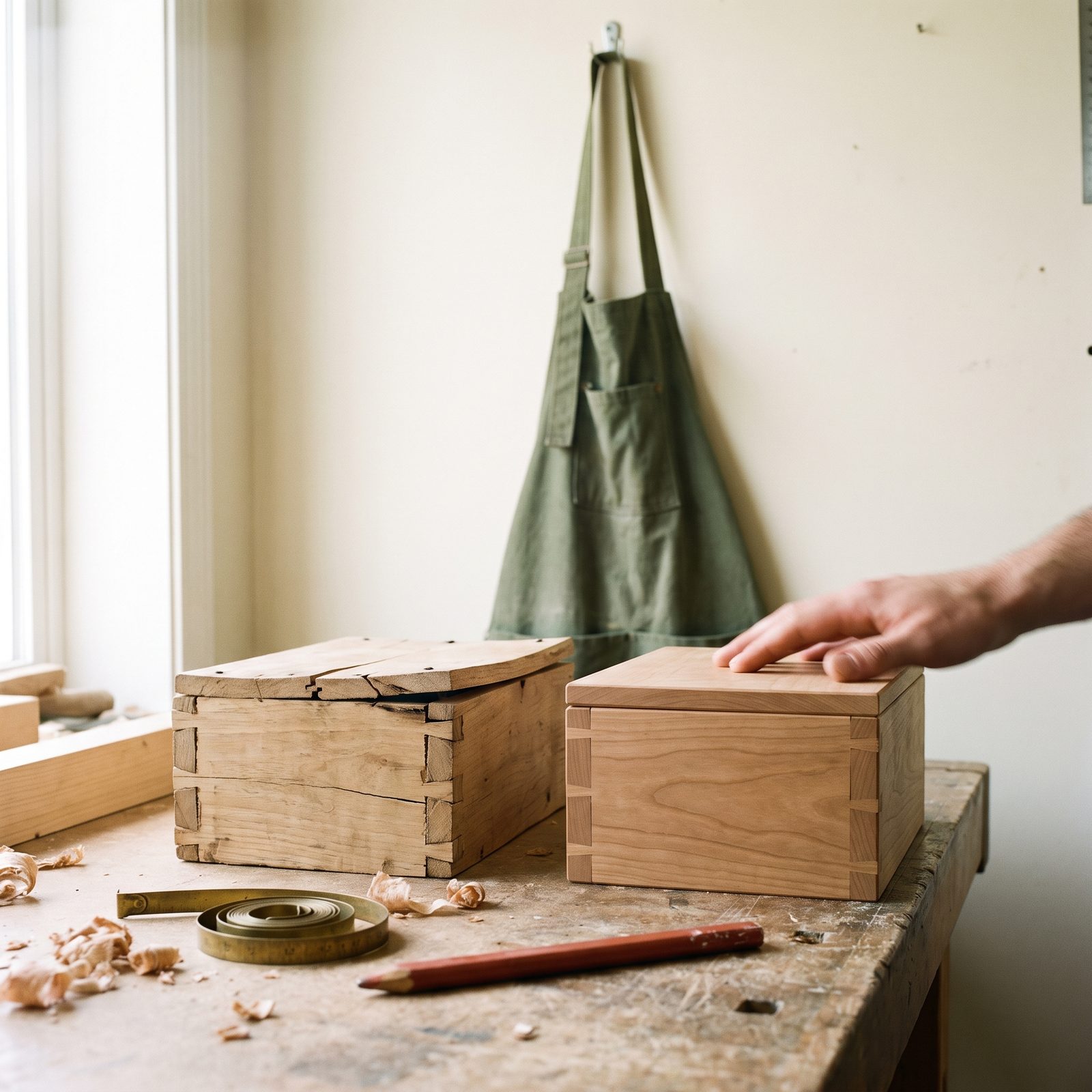 Deux petites boîtes en bois côte à côte sur un établi : celle de gauche montée dans le désordre et fendue, celle de droite construite dans l'ordre et solide, une main posée sur la boîte saine