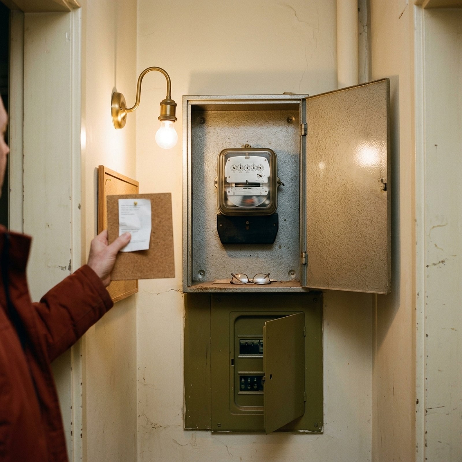 Un compteur électrique mécanique dans un couloir d'immeuble, le disque en rotation, un relevé manuscrit punaisé à côté