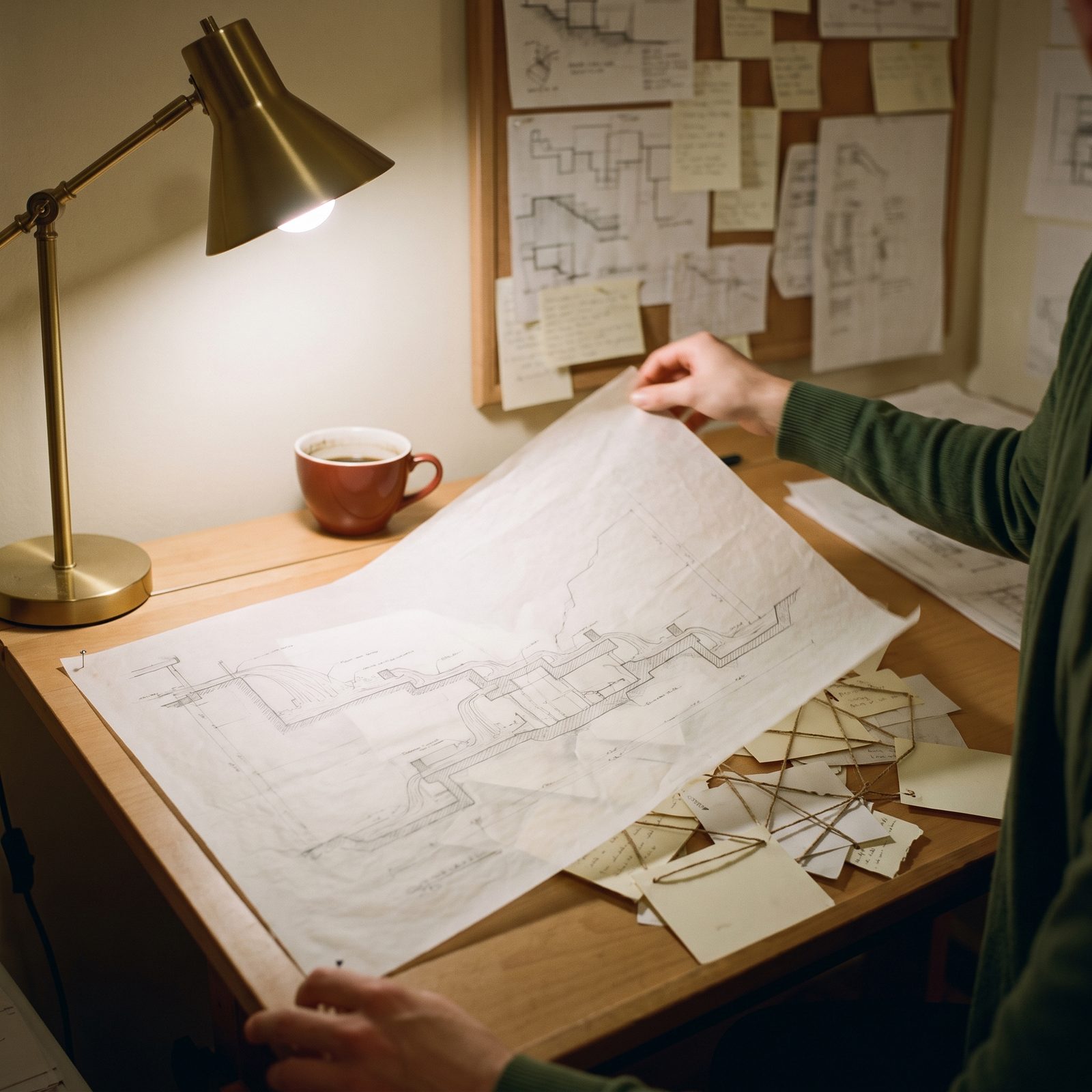 Un plan en cascade dessiné au crayon sur du papier calque, décroché d'un coin d'un tableau de liège couvert de notes, sous une lampe en laiton