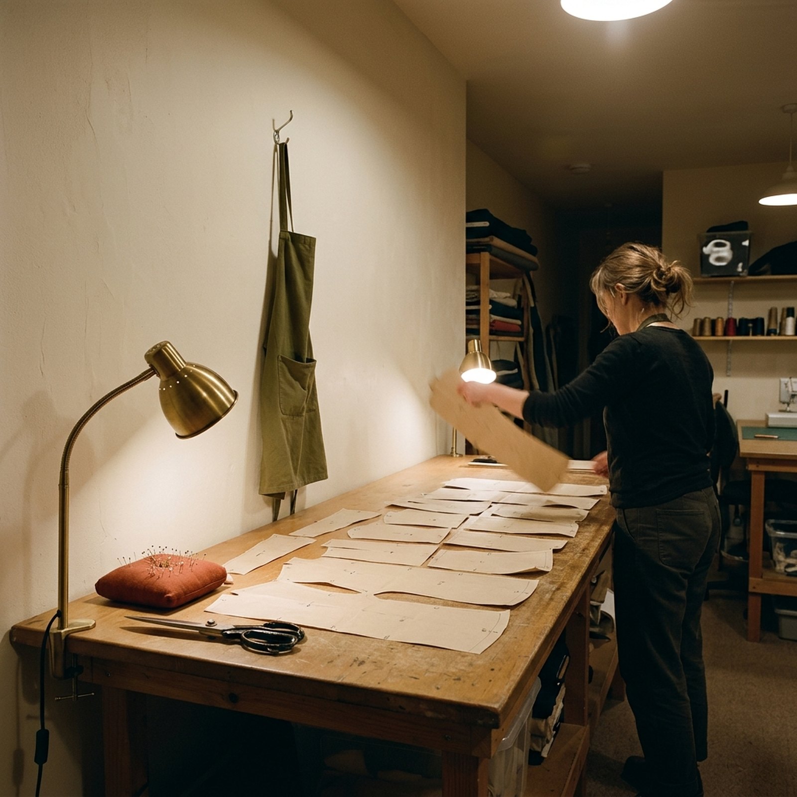 Un taller de costura por la noche, un patrón de papel recortado en piezas marcadas con tiza y extendidas sobre la mesa, una lámpara de latón encendida